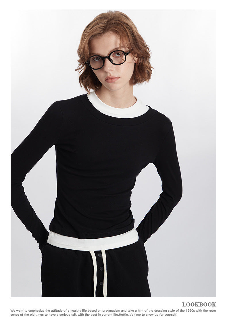 Color Block Trim Round Neck Long Sleeve T Women's New Slim Fit Shirt ins