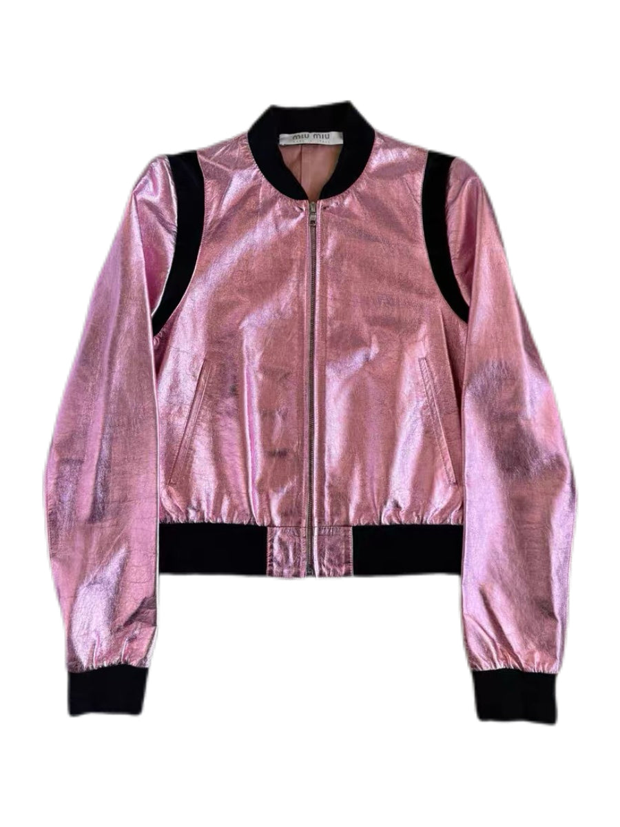 MIU MIU Metallic Pink Leather Bomber Jacket