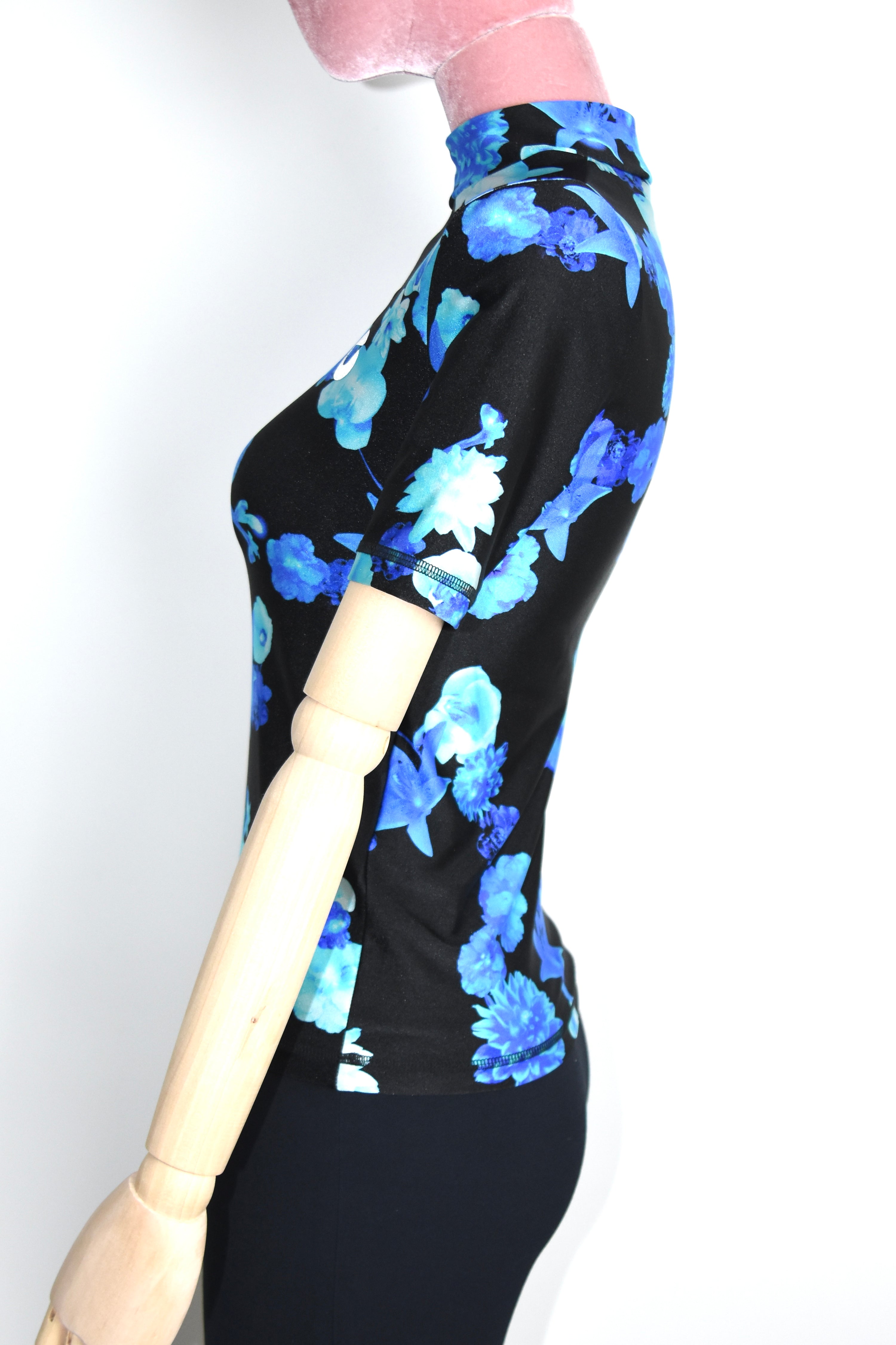 Coperni Blue Floral Stretch Glossy Top – Women’s Size S (Digital Print / Mock Neck / Technical Jersey)