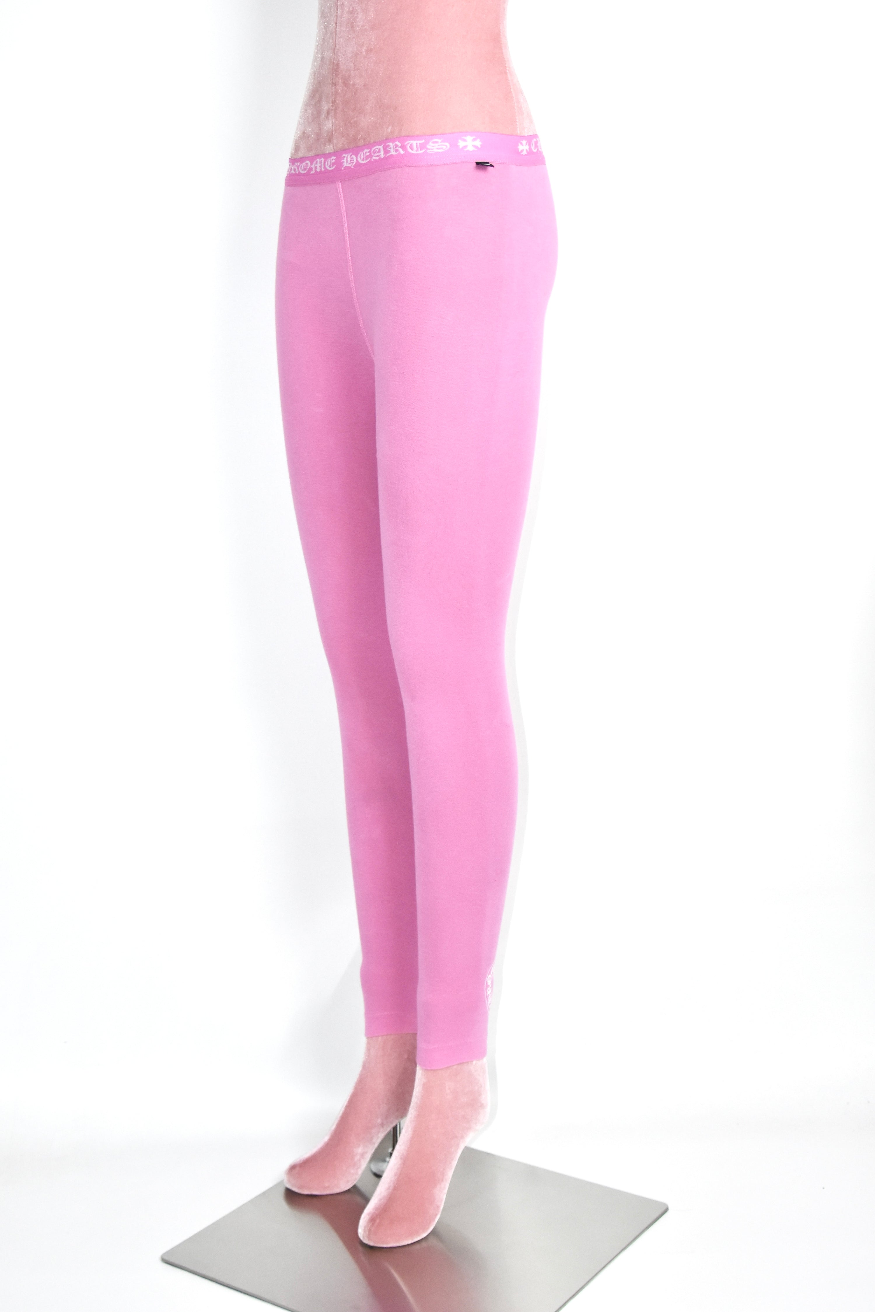Chrome Hearts Pink Gothic Logo Leggings – Cross Shield Print Stretch Pants