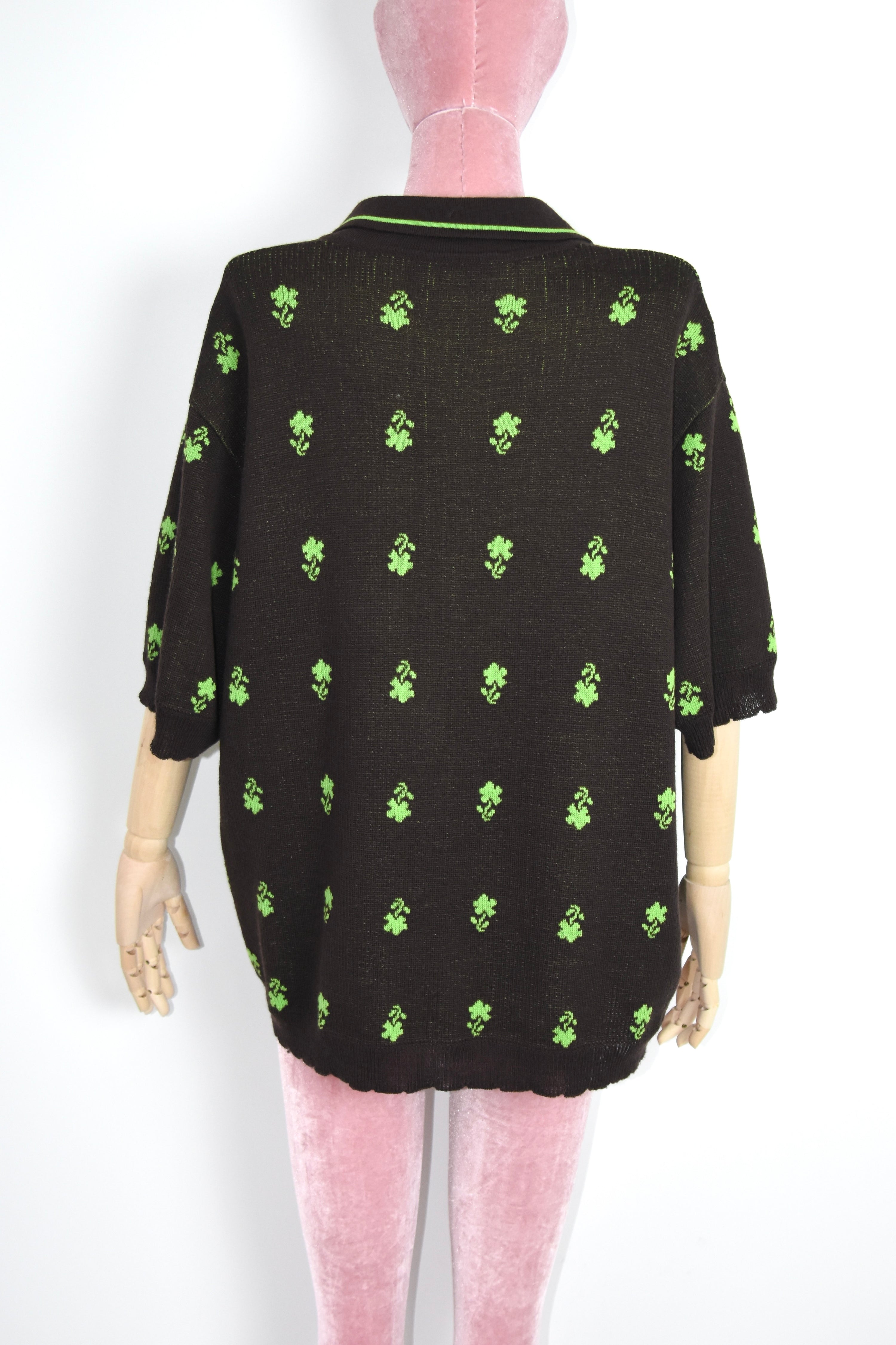 SKARULE Green Floral Jacquard Knit Polo Shirt