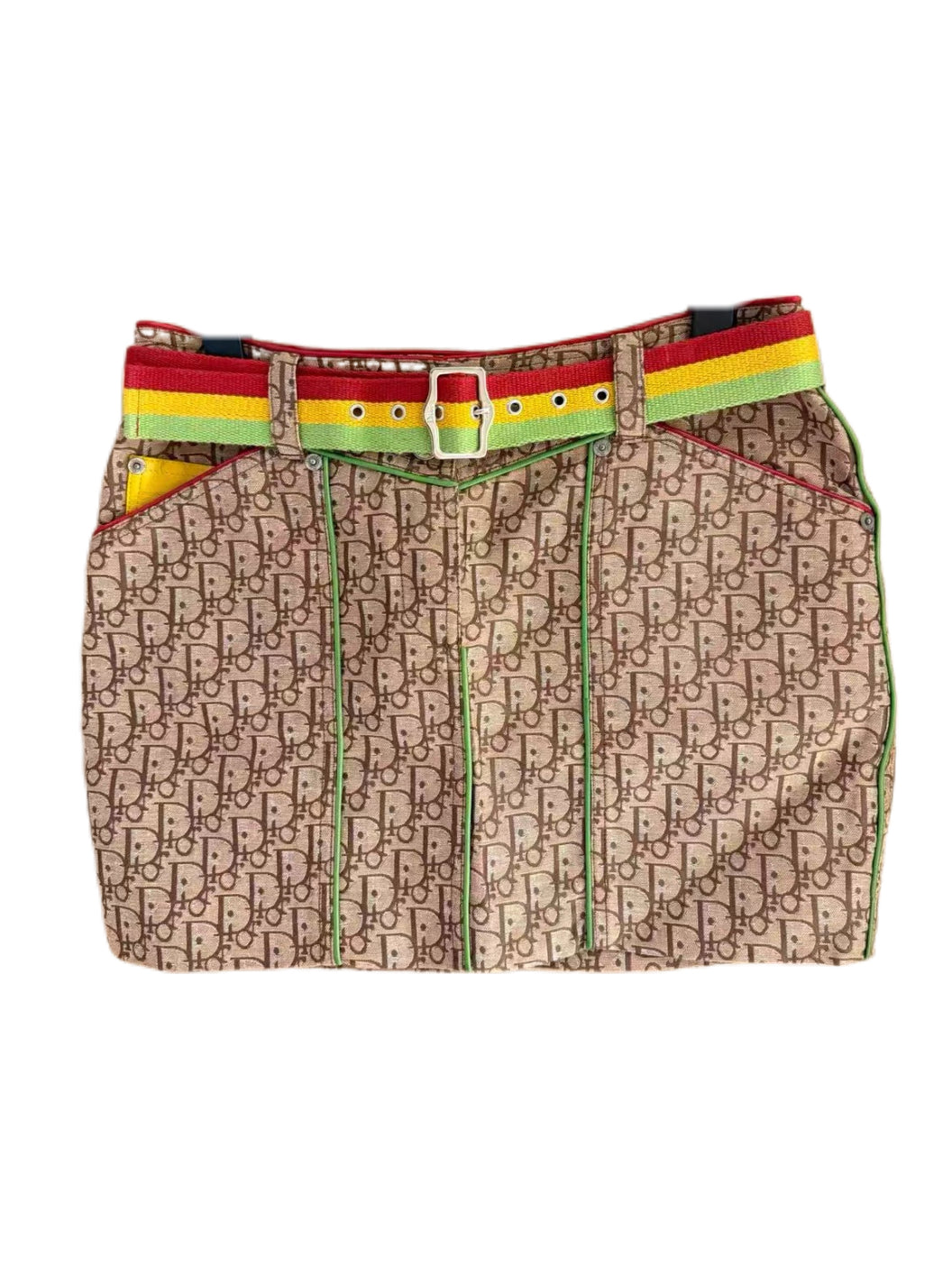 CHRISTIAN DIOR BY JOHN GALLIANO Rare Jamaica Rainbow Oblique Belt Mini Skirt