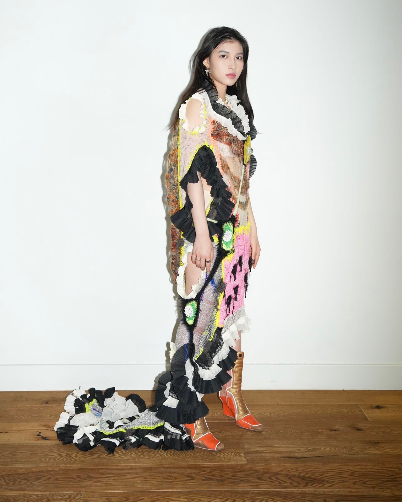YAONOVA Hand-Knitted Ruffle Dress with Train