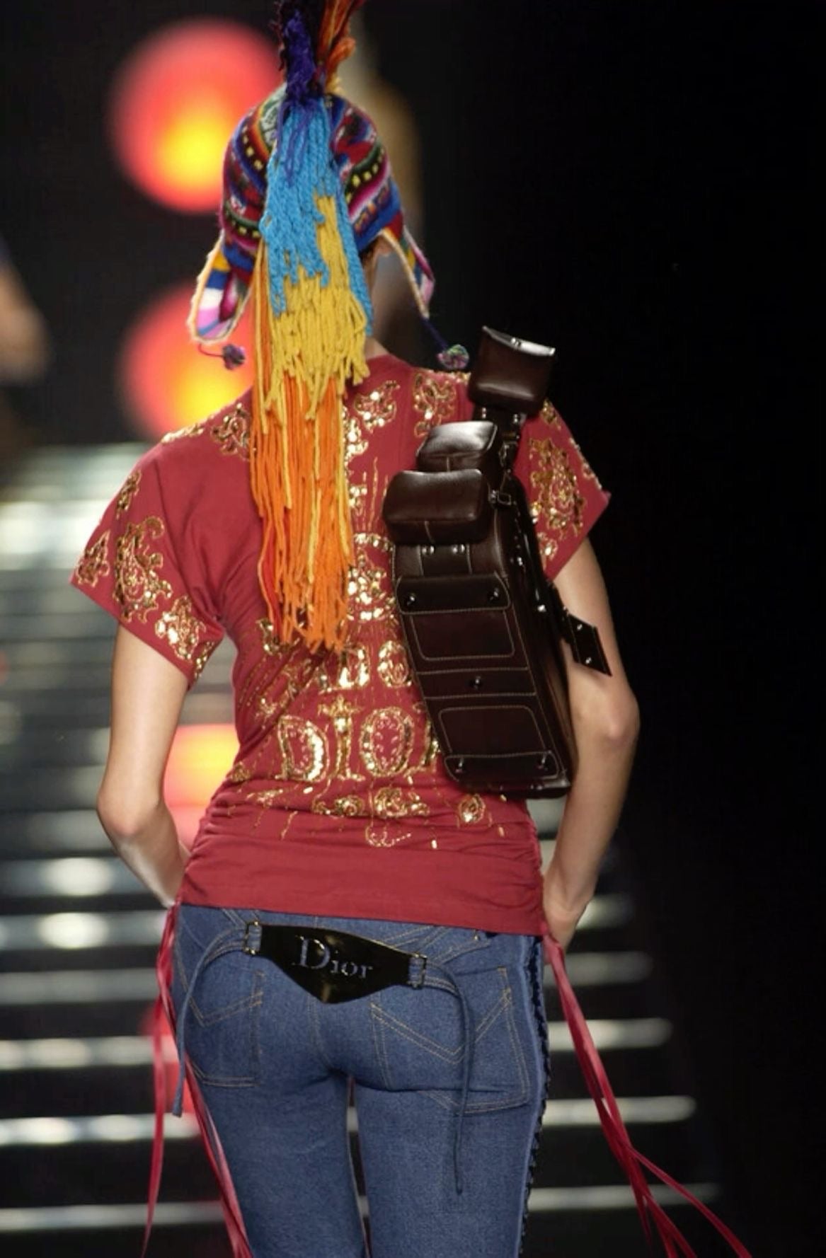 CHRISTIAN DIOR BY JOHN GALLIANO 2002 Runway Embroidered Denim Lace-Up Trousers with Mother-of-Pearl & Metal Waist Plaque