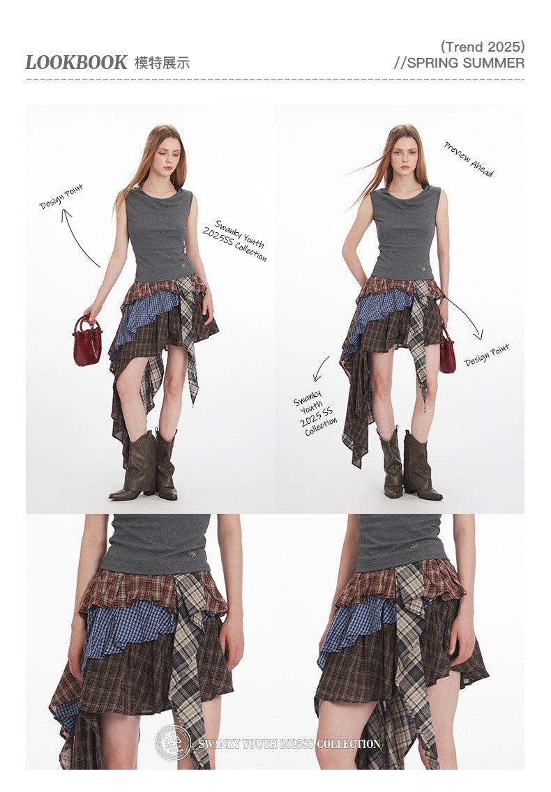 Irregular High Waist Plaid Patchwork Skirt for Women, Unique Sweet and Anti-Exposure Short Skirt