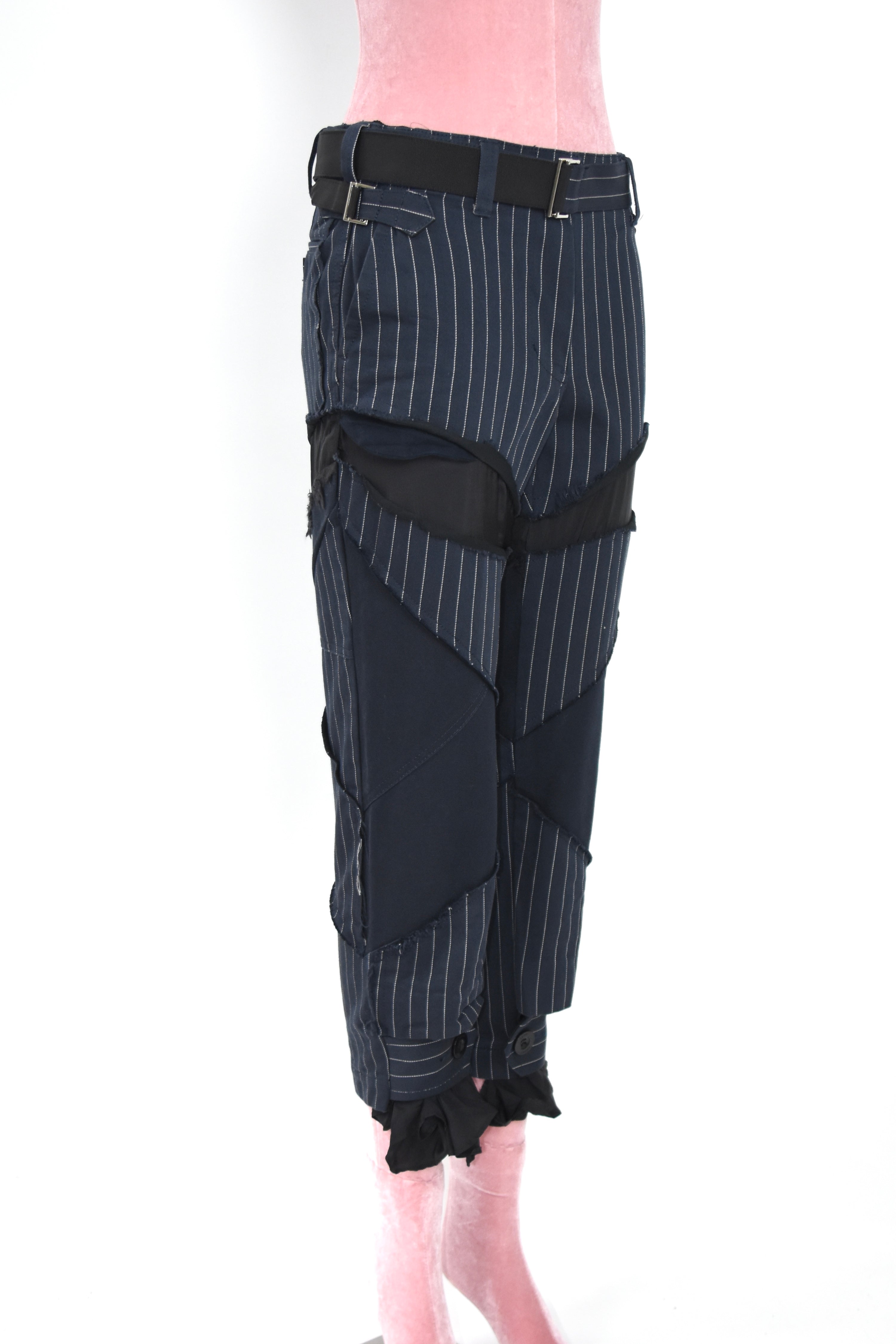 SACAI Hybrid Pinstripe Panel Deconstructed Pants – Model 18-03791 – Size 0 (Runway Construction / Japan Made)