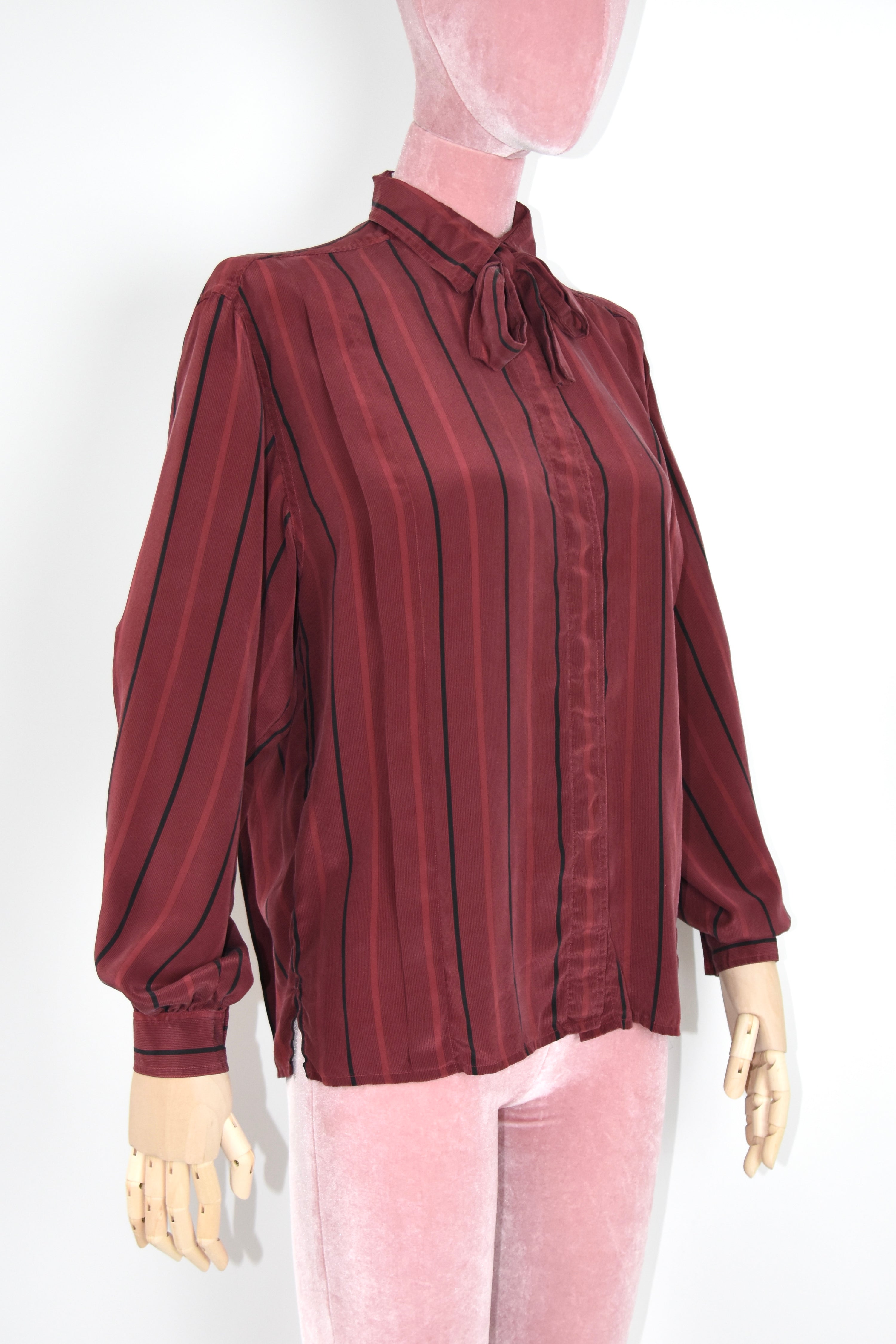 Gucci Vintage Burgundy Silk Stripe Tie Blouse