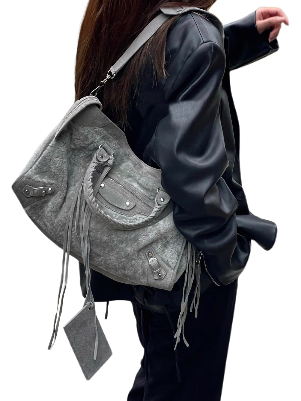 BALENCIAGA Rare Grey Shearling Suede City Bag — Medium