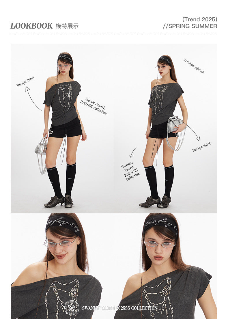 Off-shoulder design one-shoulder spicy short style T-shirt 2025 New summer short-sleeved off-shoulder top for women