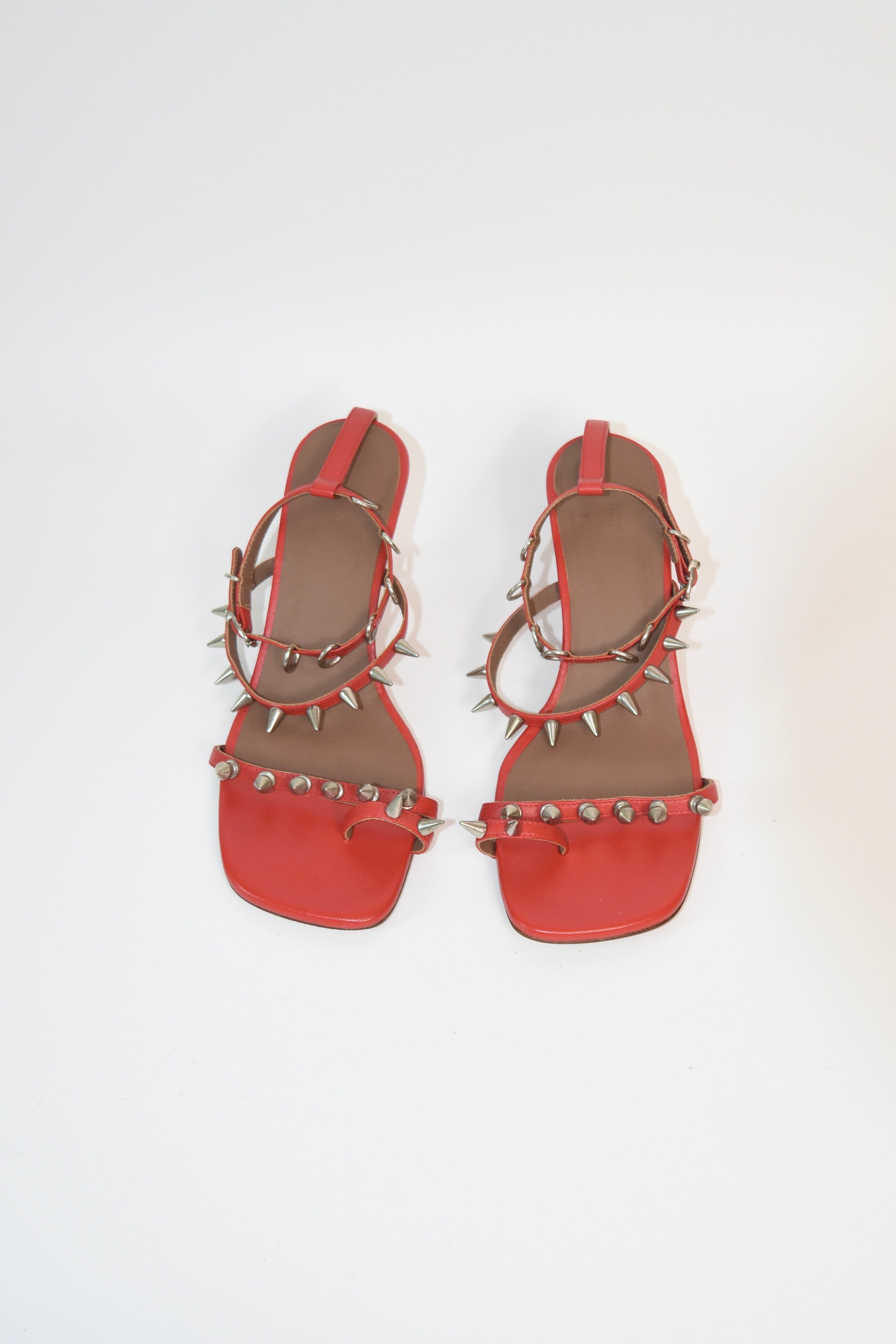 ABRA Spike-Strap Red Kitten Heel Sandals – Size 37 w/ Dust Bag & Box (Archive Minimalist)
