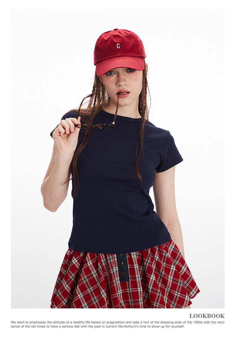 Basic Style Solid Color t Women's Short Sleeve Slim Fit Round Neck Short Top Summer