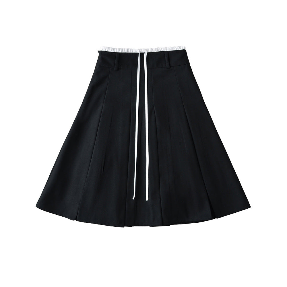 Casual Korean Style Color-Block Drawstring Midi Skirt for Women Autumn Mid-Length A High Waist Slimming Pleated Skirt for Women