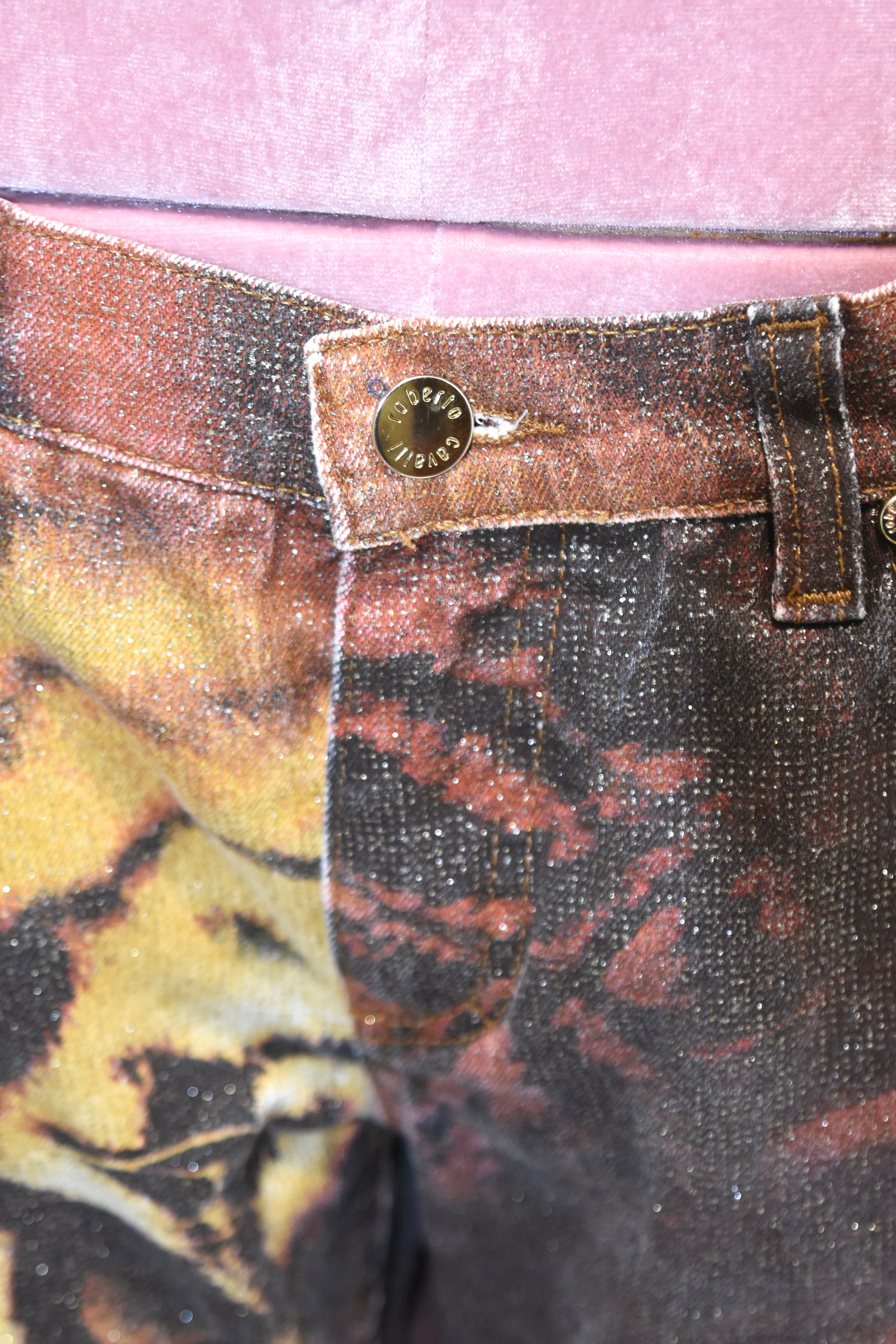 Roberto Cavalli Vintage Glitter Tiger Print Low-Rise Jeans (Rare Y2K Era Statement Denim)