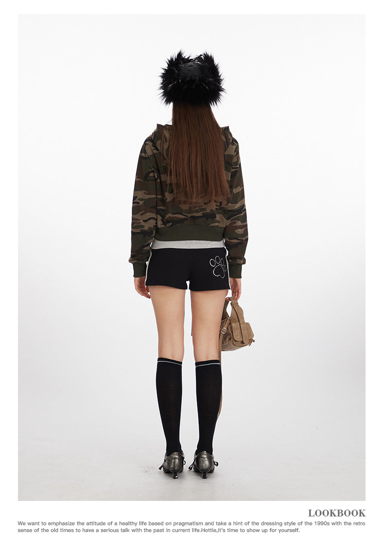 Camouflage short hot girl hooded sweatshirt for women2025Spring and Autumn Zipper Retro Cardigan Jacket