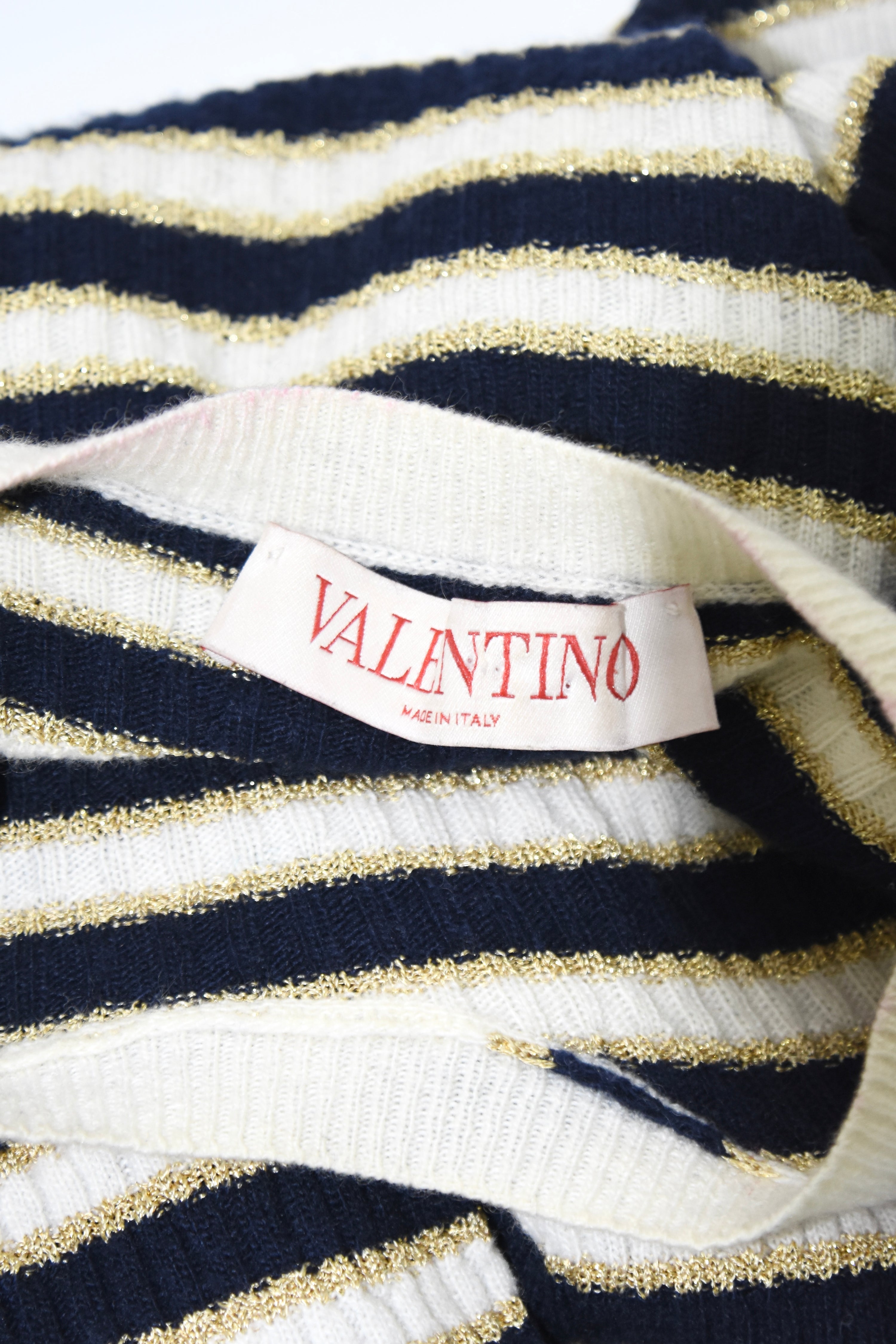 Valentino Navy & Ivory Striped Knit Sweater with Gold Lurex – Made in Italy Signature V Logo