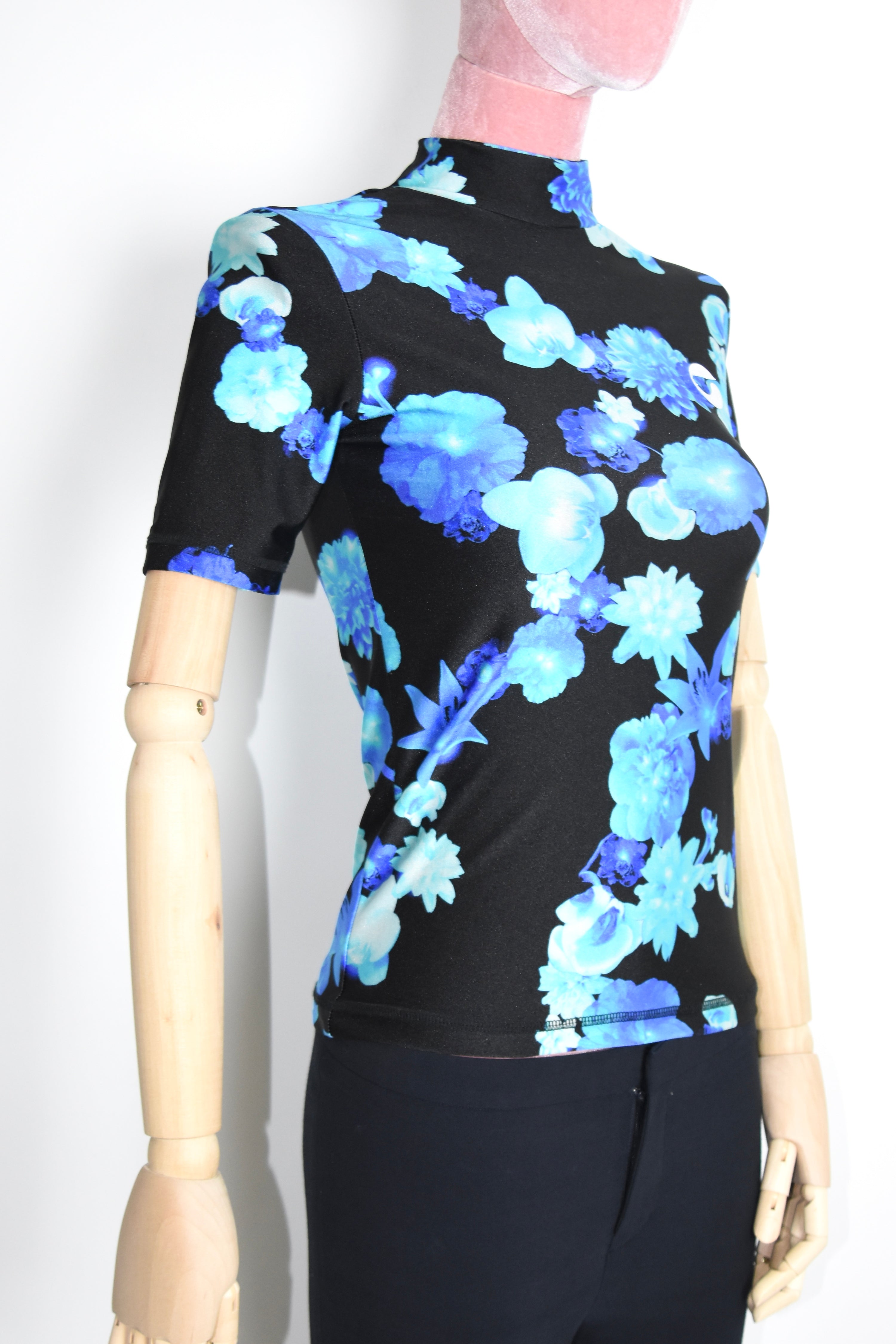Coperni Blue Floral Stretch Glossy Top – Women’s Size S (Digital Print / Mock Neck / Technical Jersey)