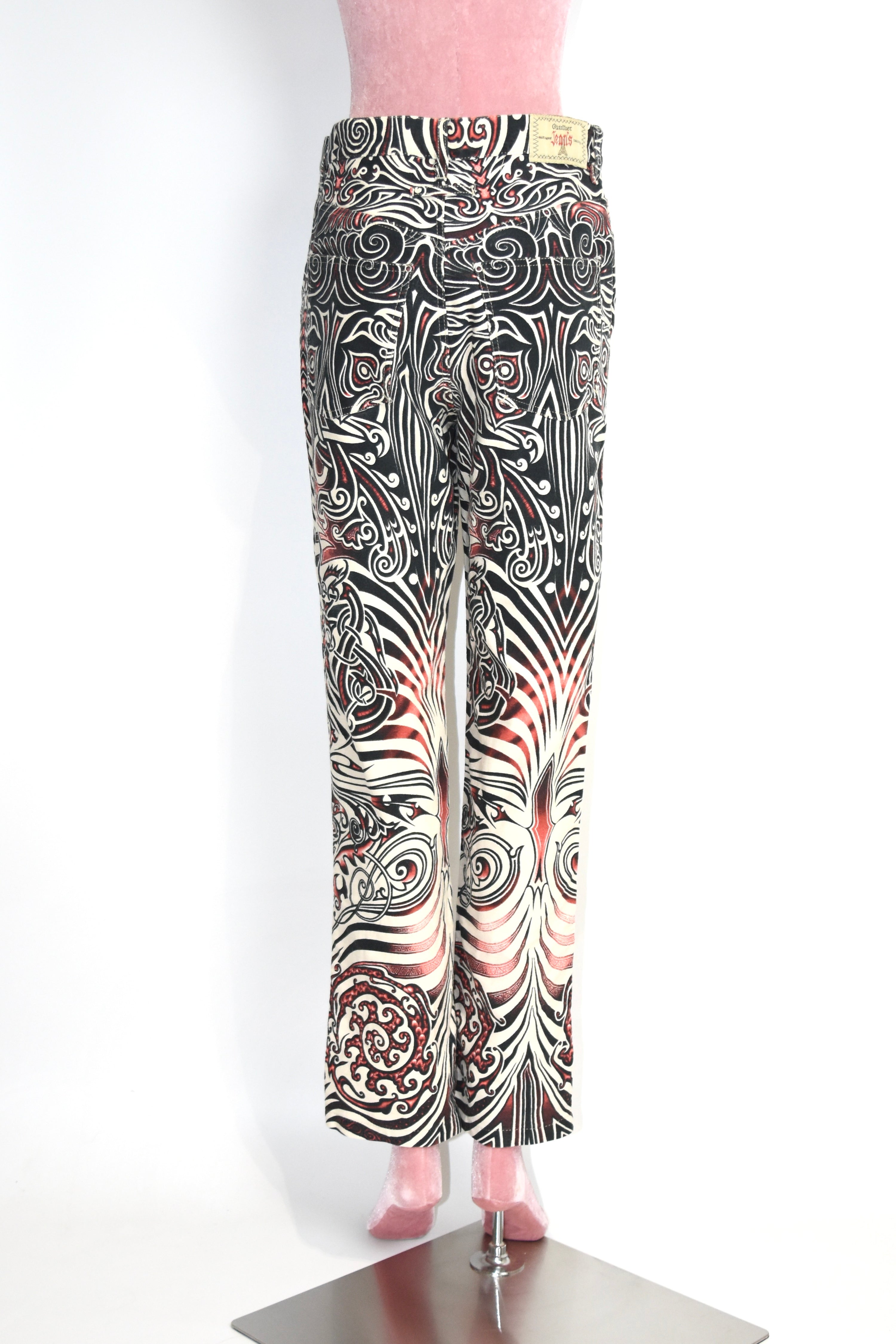 Jean Paul Gaultier Jeans Tribal Print Flared Trousers (Gothic Tattoo Swirl in Black–Red–Ivory)