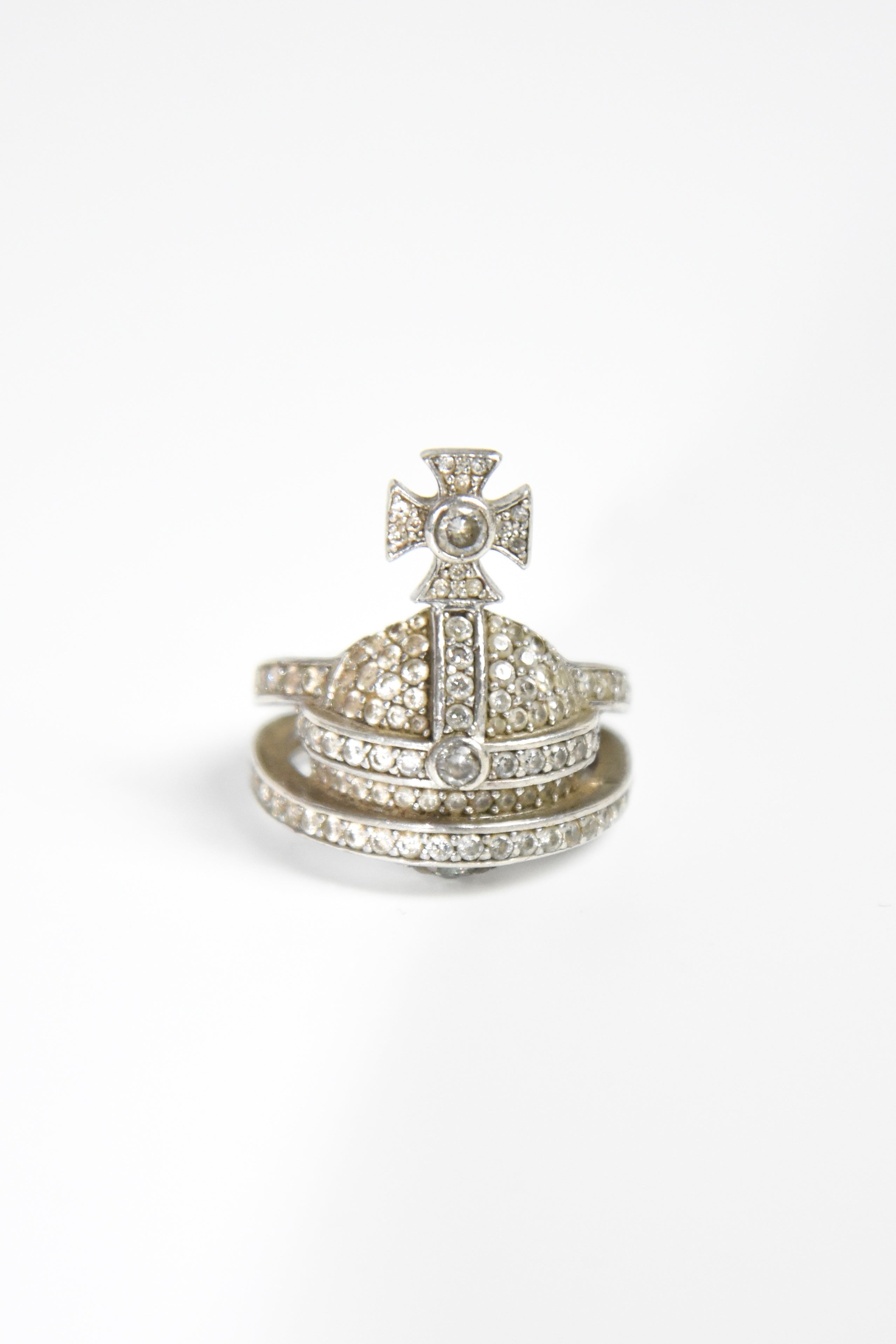 Vivienne Westwood Orb Crystal Ring – Vintage White Rhinestone Saturn Statement Ring