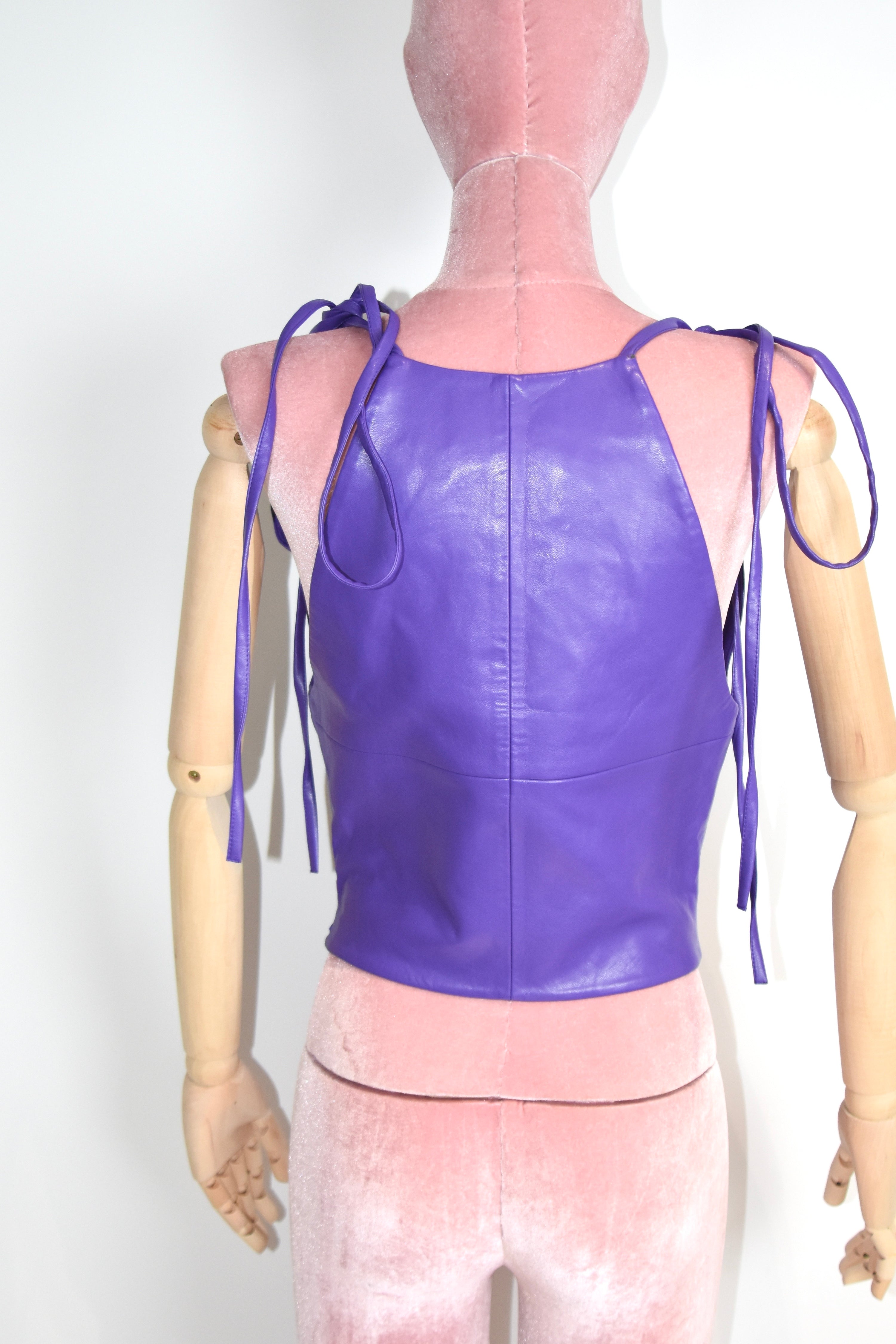 George Keburia Purple Faux Leather Lace-Tie Top