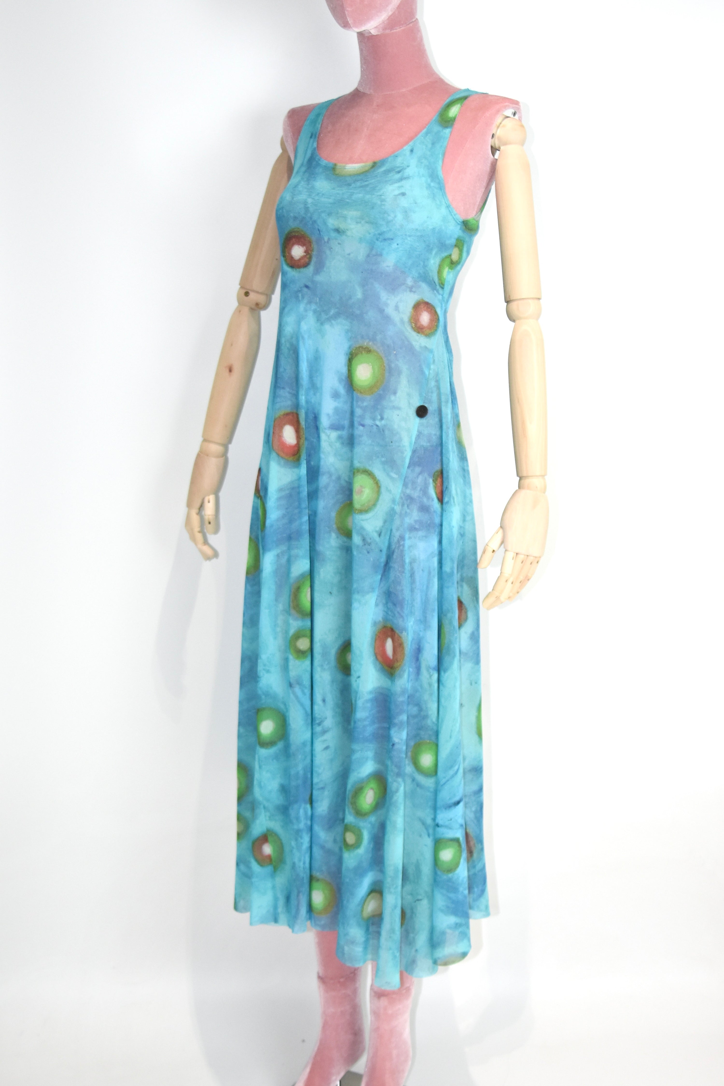 ISSEY MIYAKE Vintage Stretch Mesh Printed Tank Maxi Dress – Water Abstract Motif (Fits Women S–M)