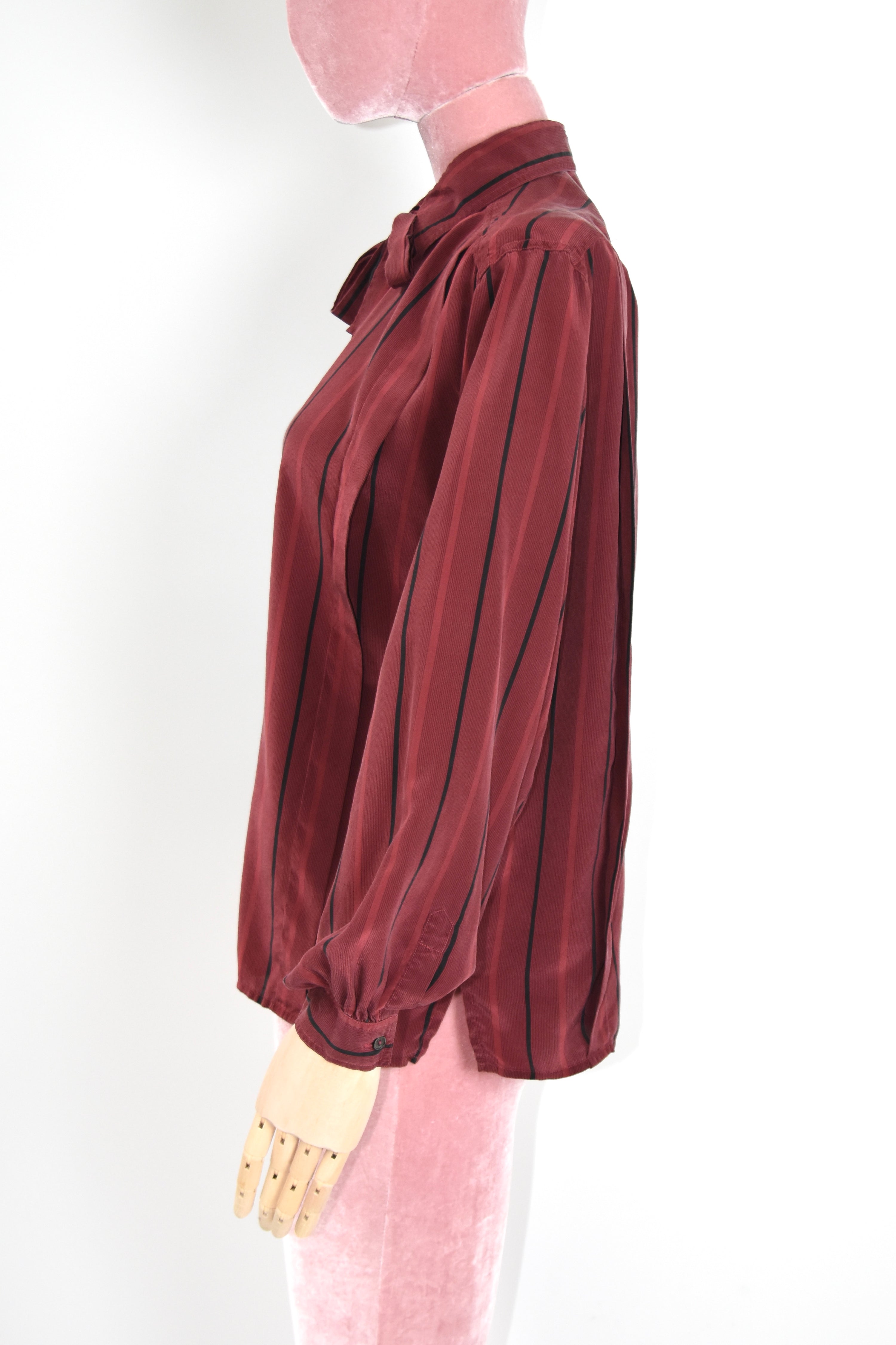 Gucci Vintage Burgundy Silk Stripe Tie Blouse