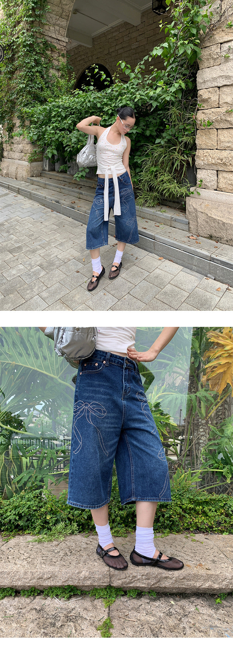 Rhinestone Bowknot Denim Shorts for Women Summer Shiny Wide-Leg Capri Pants
