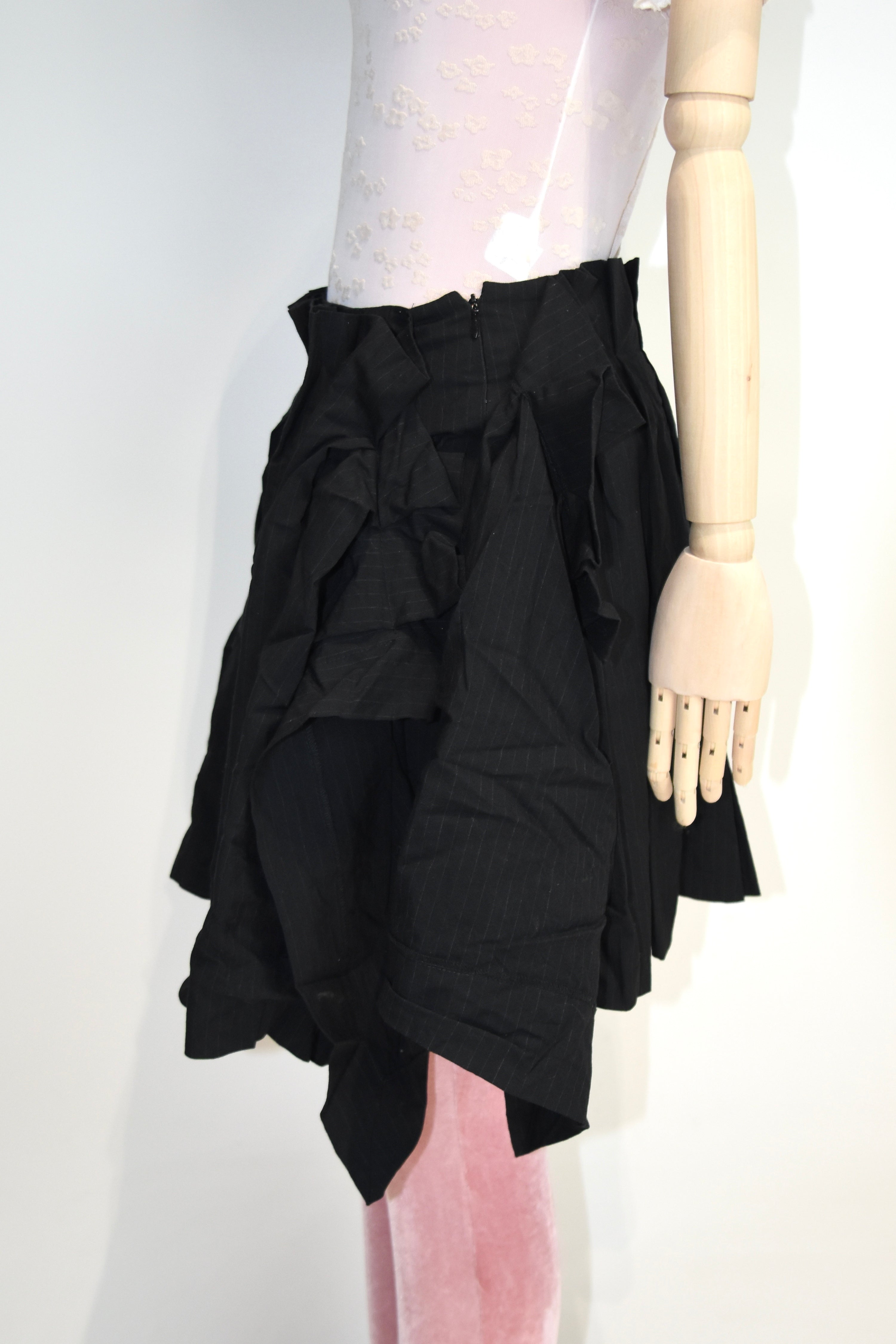 Vivienne Westwood Red Label Asymmetric Pleated Mini Skirt – Black Pinstripe Draped Archive Piece