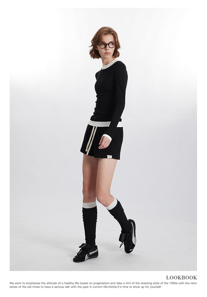 Color Block Trim Round Neck Long Sleeve T Women's New Slim Fit Shirt ins