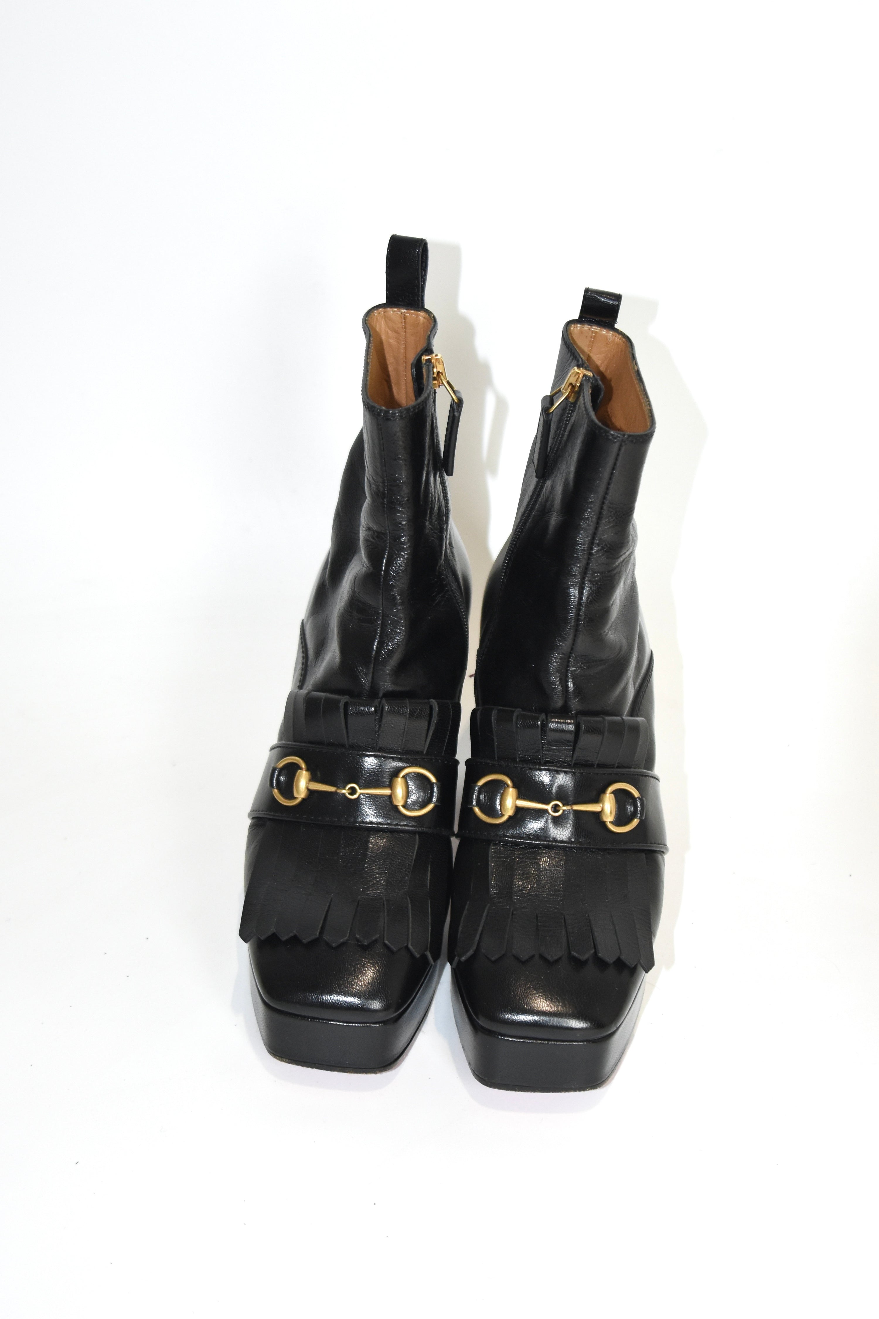 GUCCI Black Leather Platform Fringe Horsebit Boots