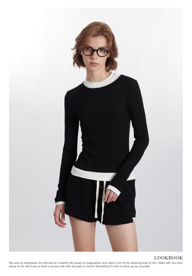 Color Block Trim Round Neck Long Sleeve T Women's New Slim Fit Shirt ins