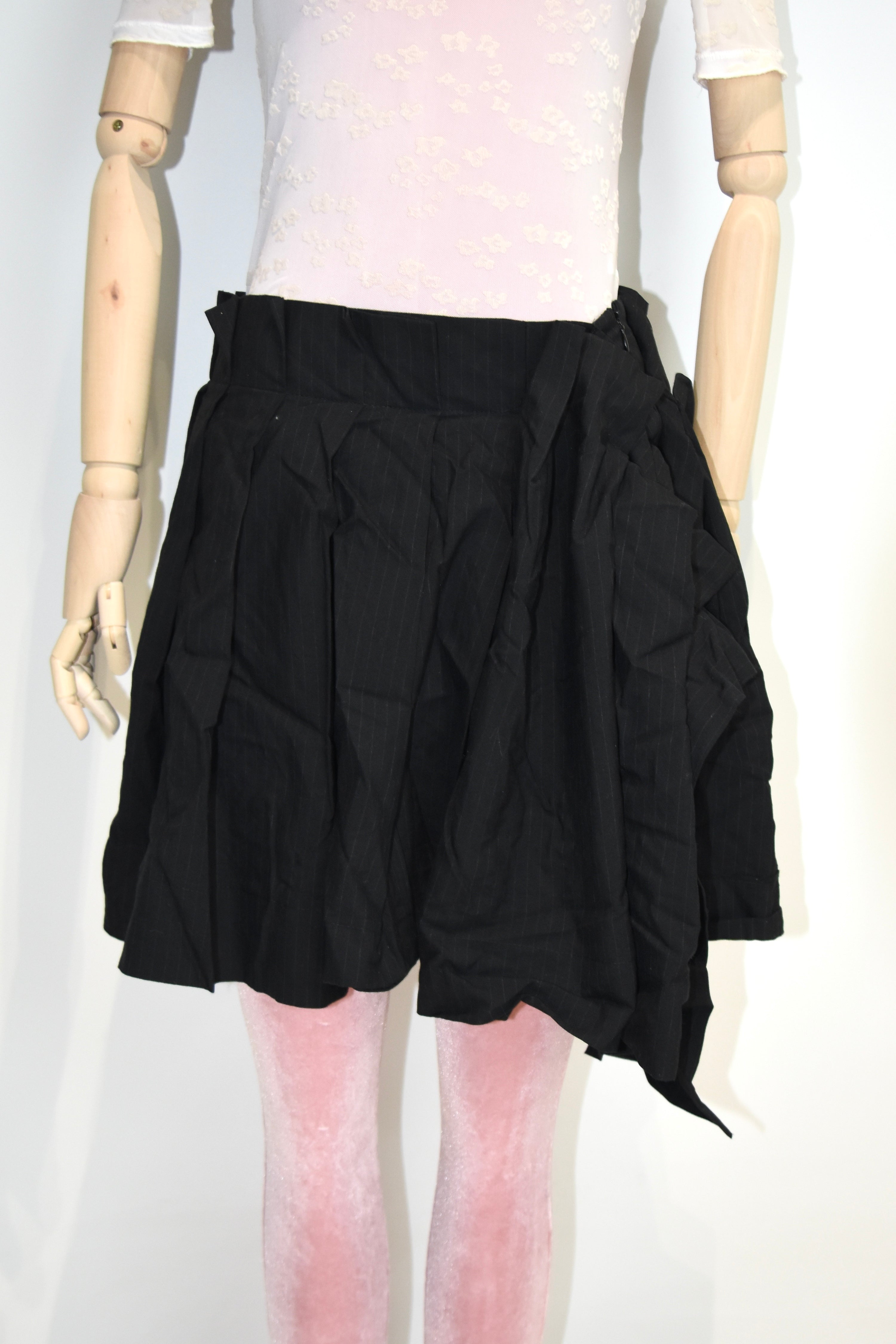 Vivienne Westwood Red Label Asymmetric Pleated Mini Skirt – Black Pinstripe Draped Archive Piece