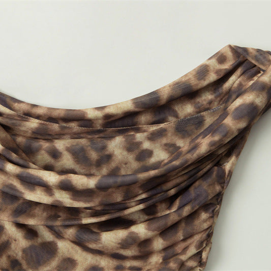 Irregular Asymmetrical Neck Hot Girl Ruched Tank Top Leopard Print Sexy Top for Women