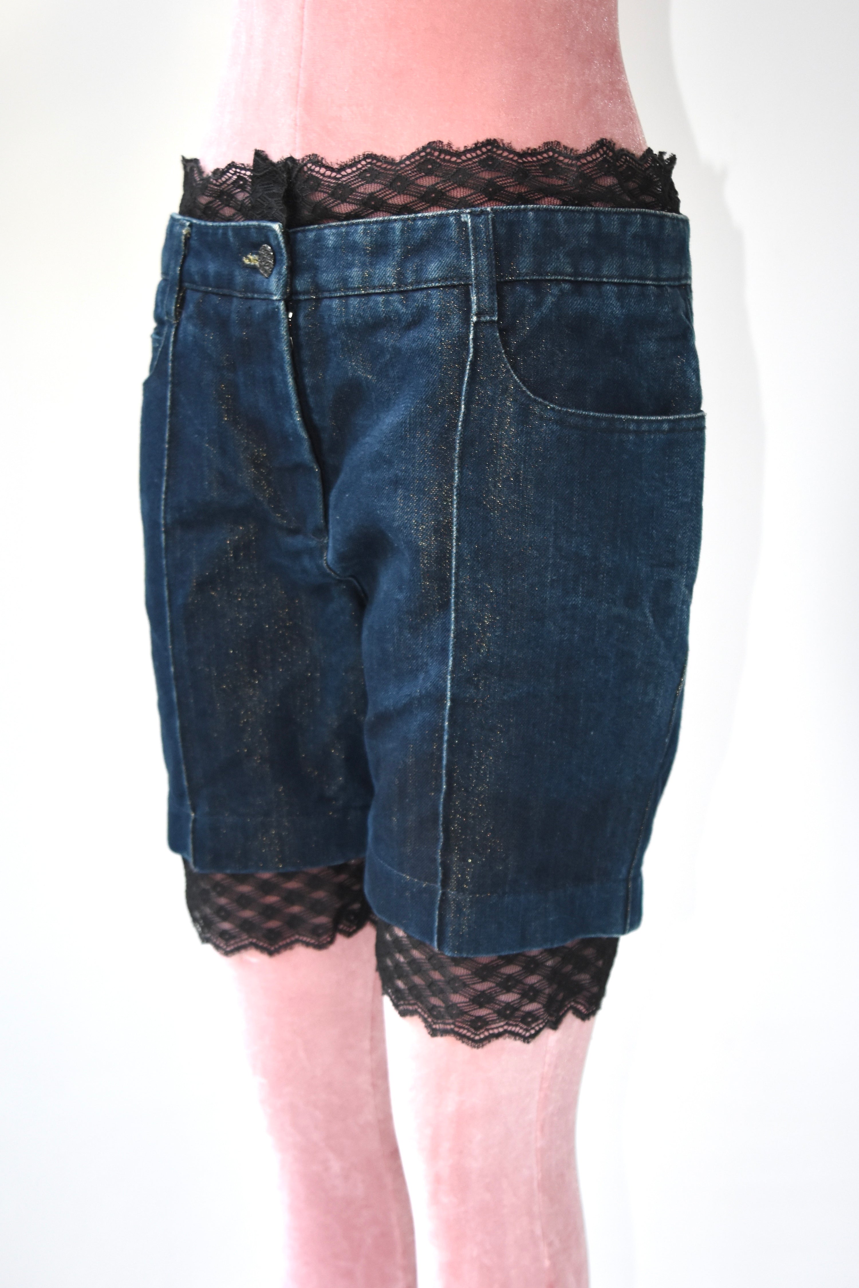 CHANEL S/S 2007 Gold Lurex Denim Lace Shorts – Size 40 (Made in Italy, Archive Runway Detail)