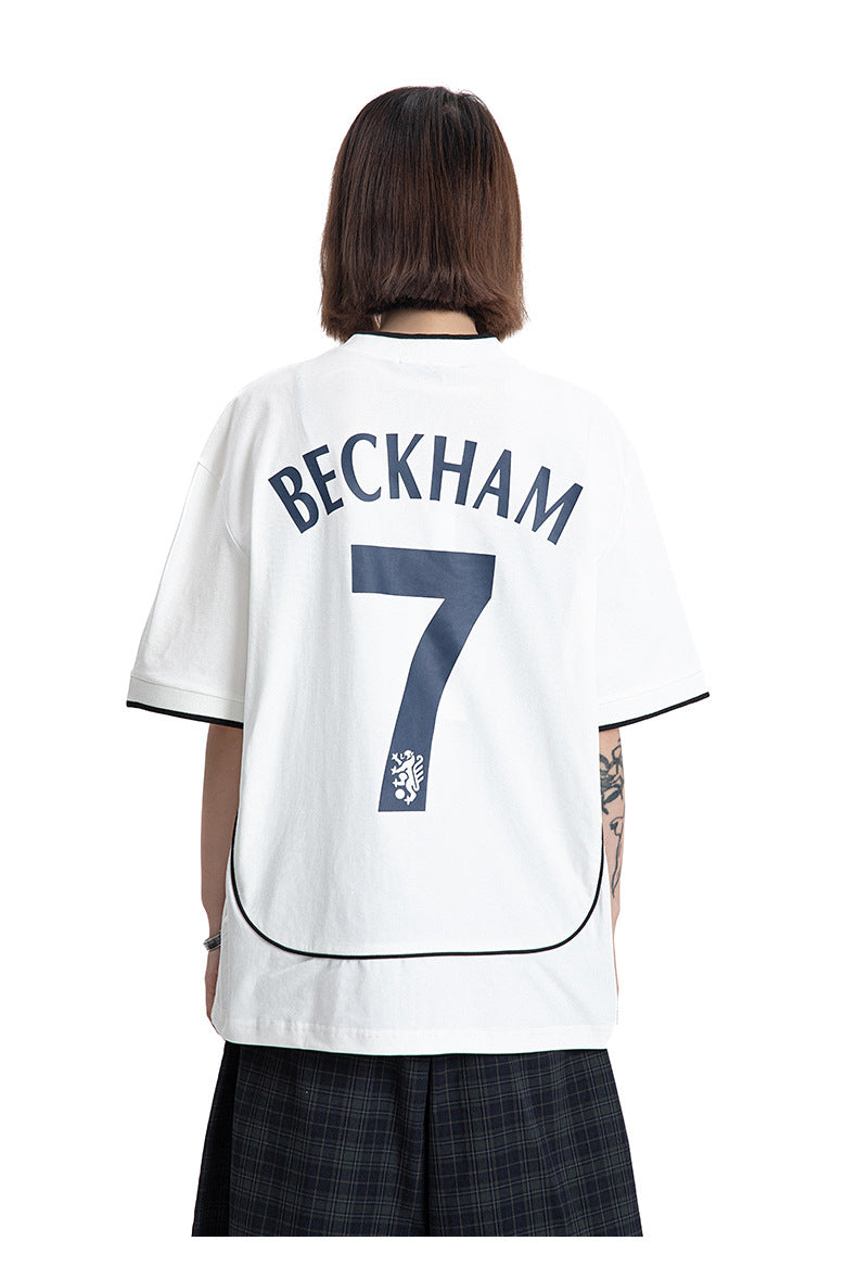 White and Black Trendy No.7 Beckham Print Football jersey loose short sleeve T-Shirt Top