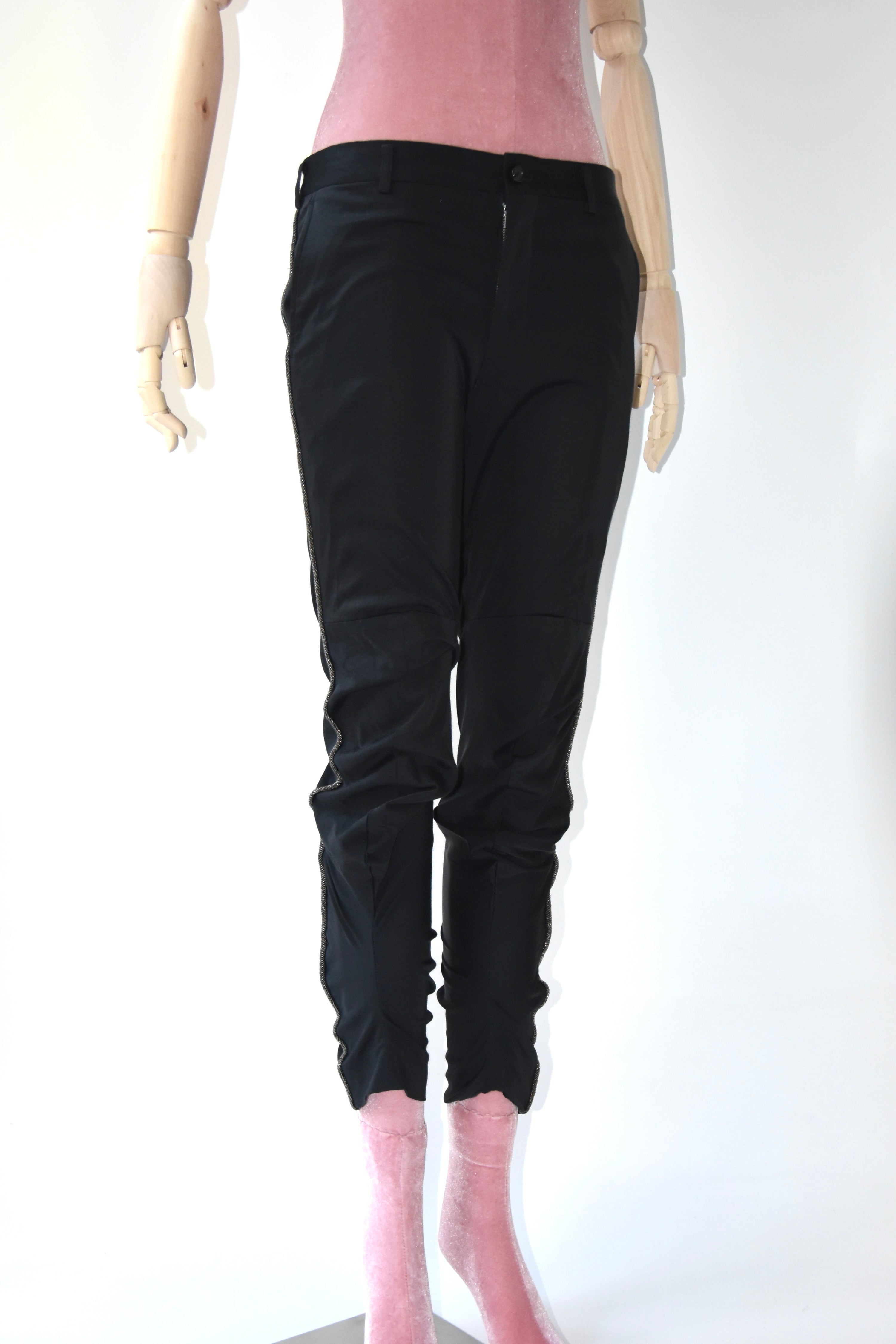 Comme des Garçons AD2010 Twisted Tailored Cropped Pants – Black Sculptural Gold-Trim Vintage Trousers
