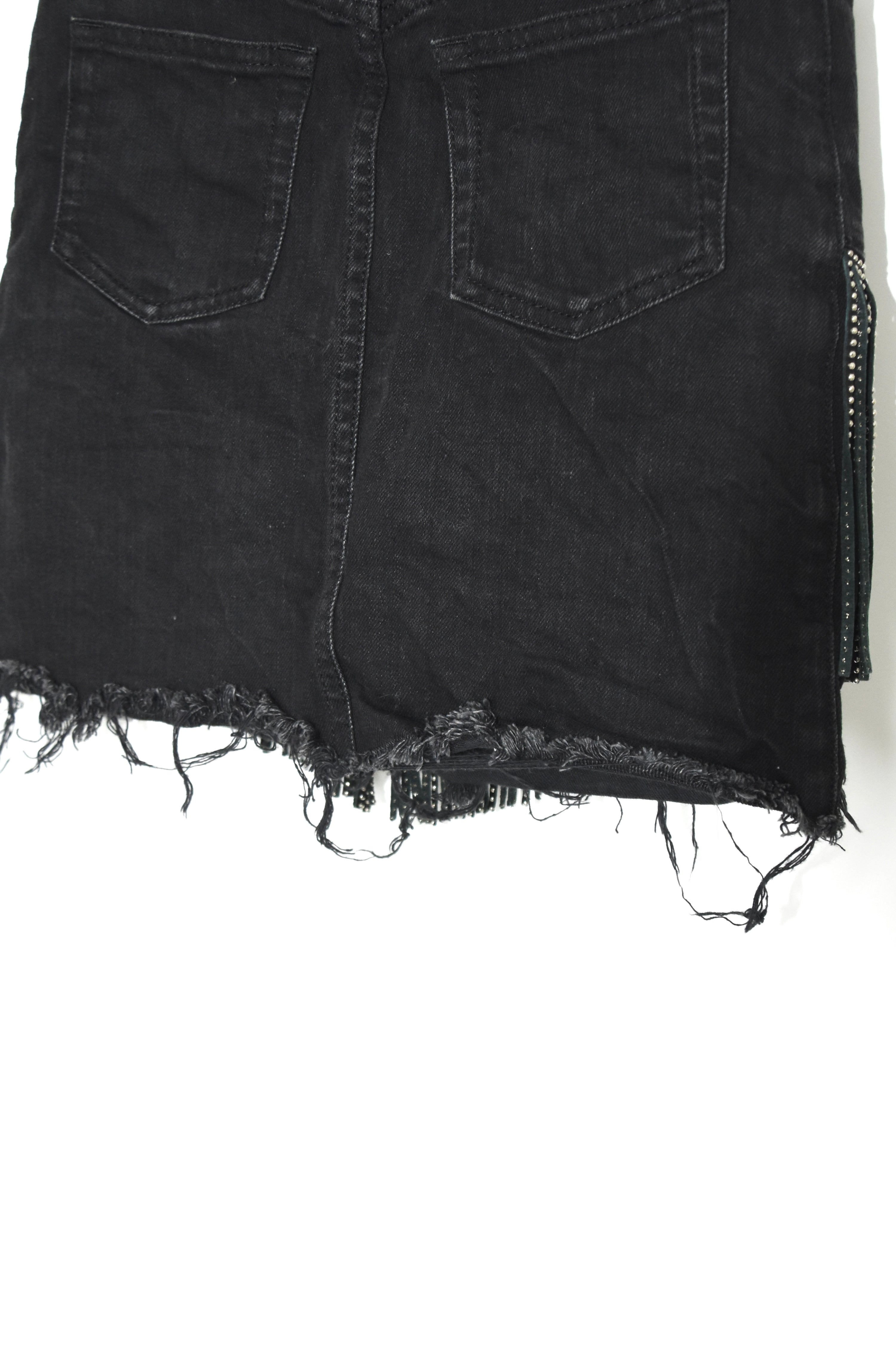 Saint Laurent Paris Embellished Fringe Denim Mini Skirt — Black Distressed High-Rise (Near New)