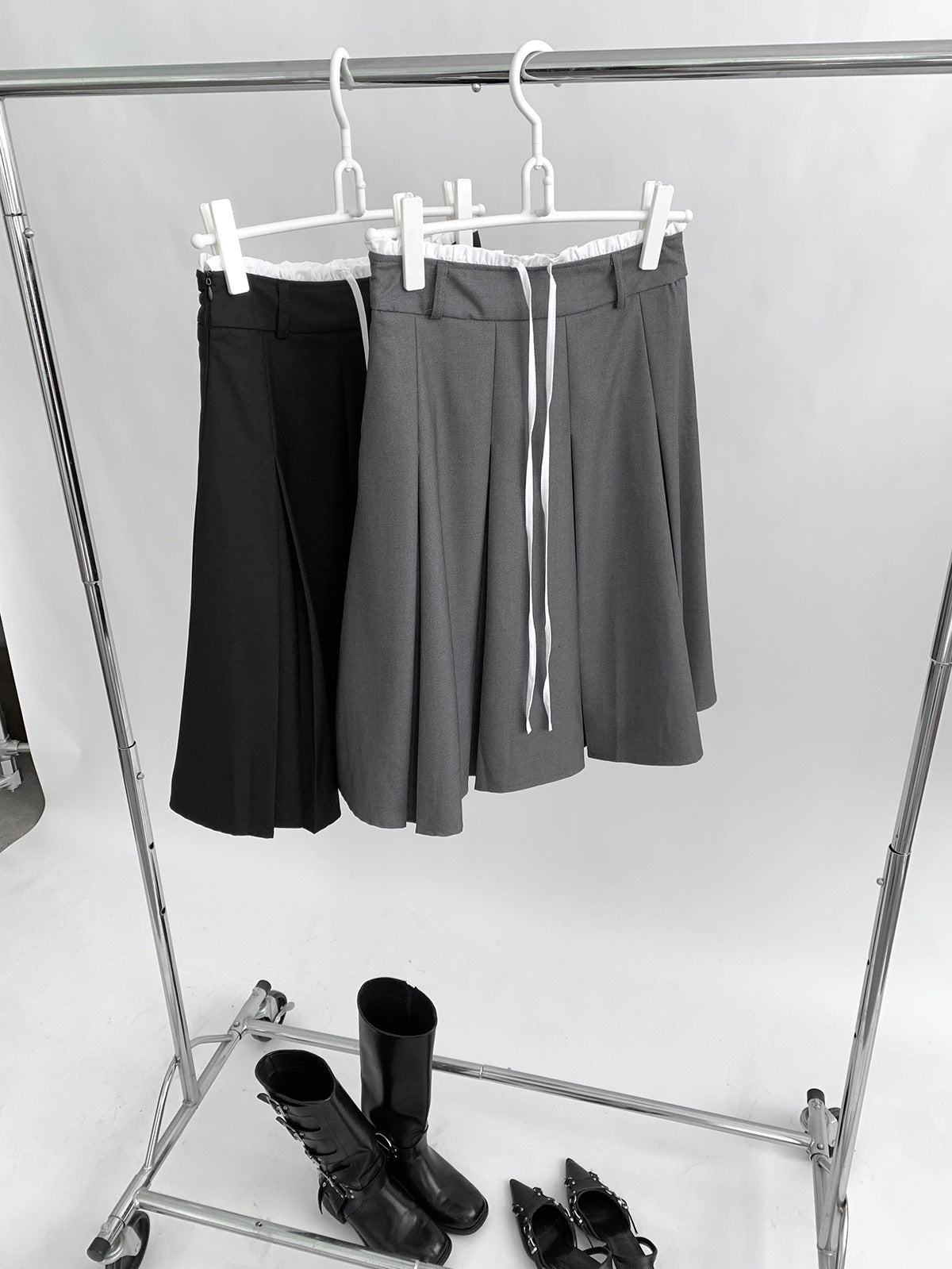 Casual Korean Style Color-Block Drawstring Midi Skirt for Women Autumn Mid-Length A High Waist Slimming Pleated Skirt for Women
