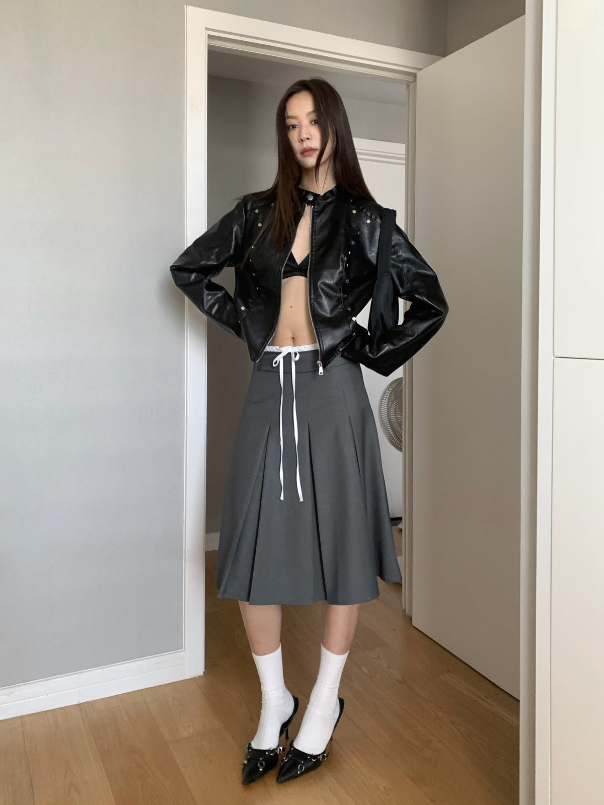 Casual Korean Style Color-Block Drawstring Midi Skirt for Women Autumn Mid-Length A High Waist Slimming Pleated Skirt for Women