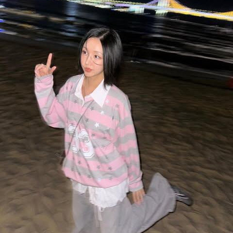 Korean Loose Pink and Grey Striped Polo Sweatshirt Top