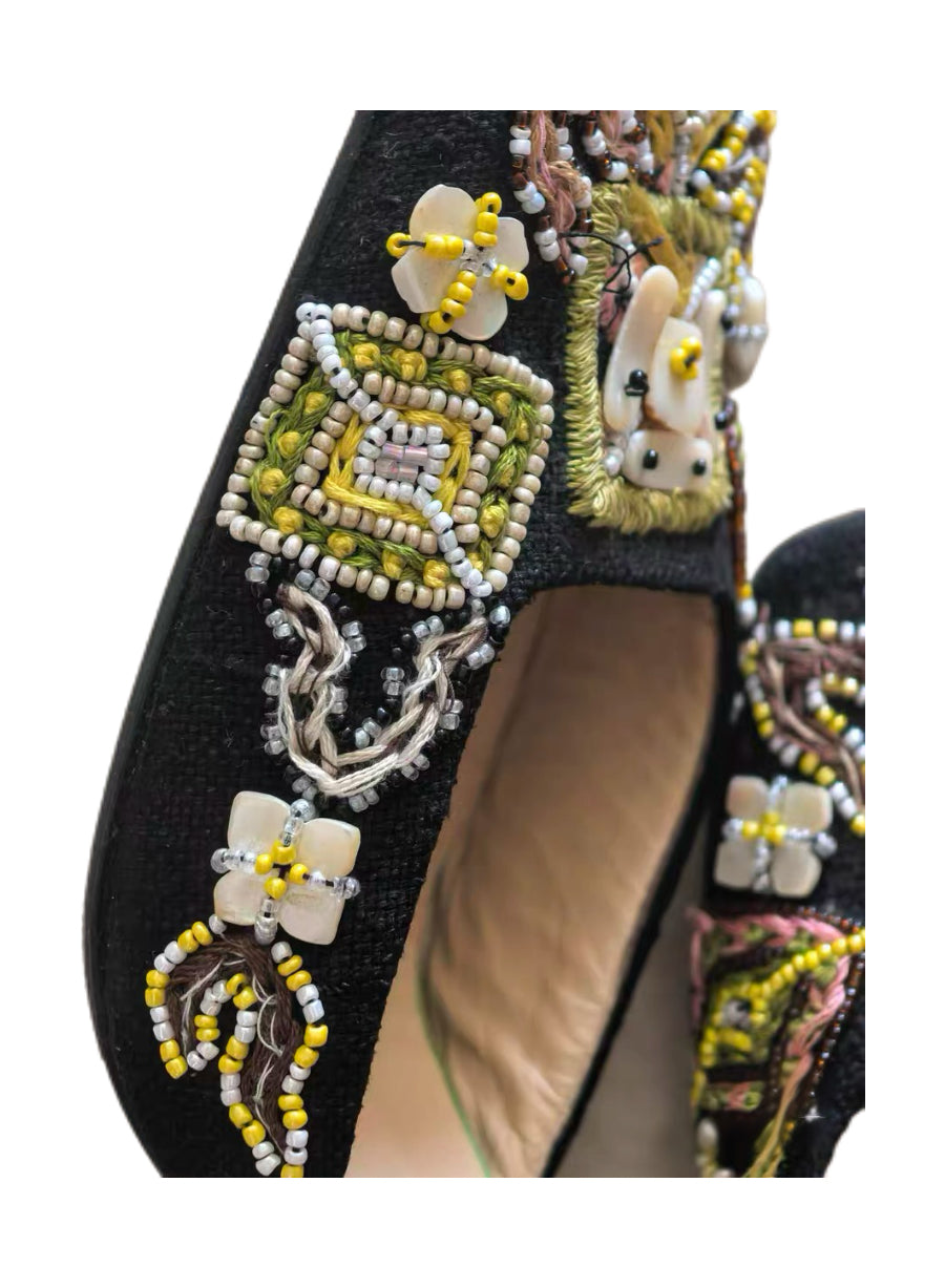 Fendi Black Satin Embroidered & Beaded Heels