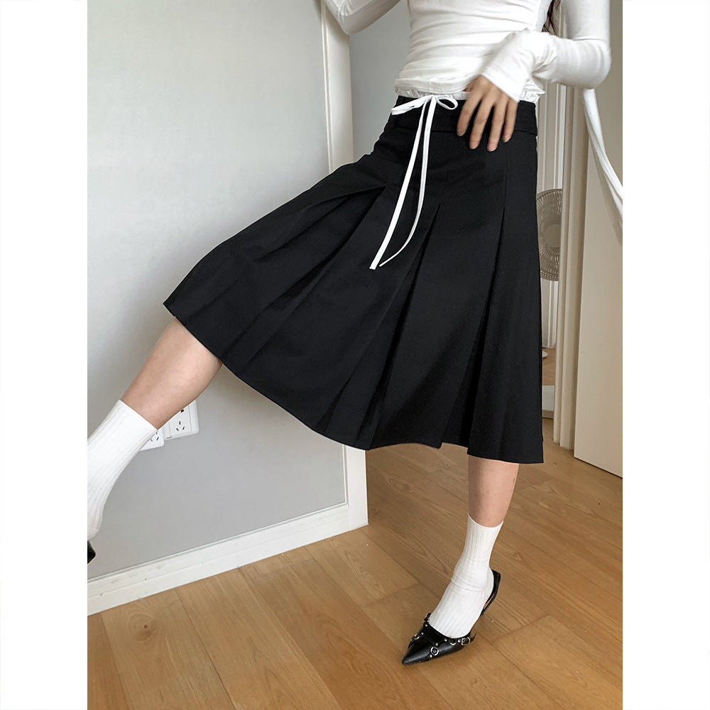 Casual Korean Style Color-Block Drawstring Midi Skirt for Women Autumn Mid-Length A High Waist Slimming Pleated Skirt for Women