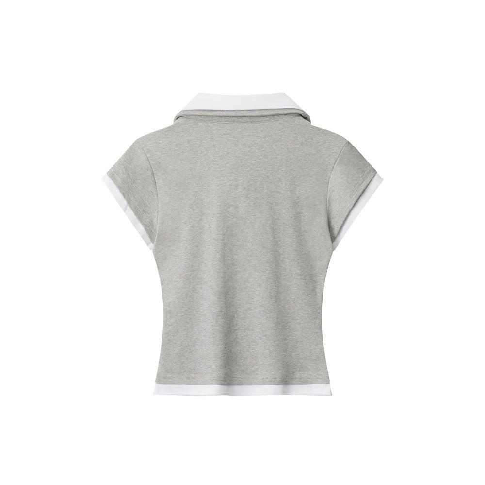Slim Fit Short Polo Shirt Short Sleeve T Women's Summer Turn-Down Collar Fake Two-Piece Regular Shoulder Top