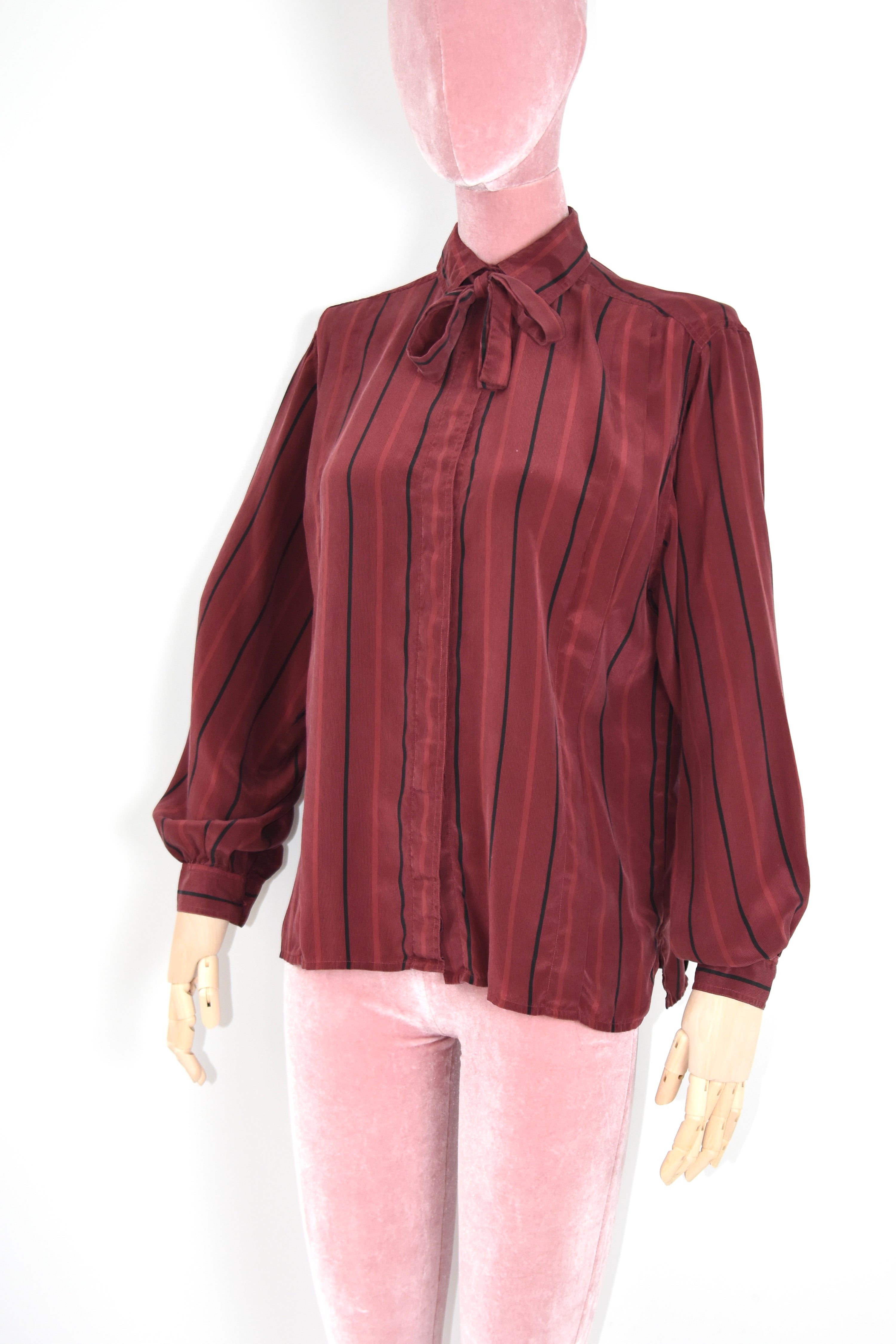 Gucci Vintage Burgundy Silk Stripe Tie Blouse