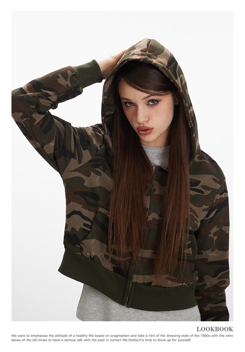 Camouflage short hot girl hooded sweatshirt for women2025Spring and Autumn Zipper Retro Cardigan Jacket
