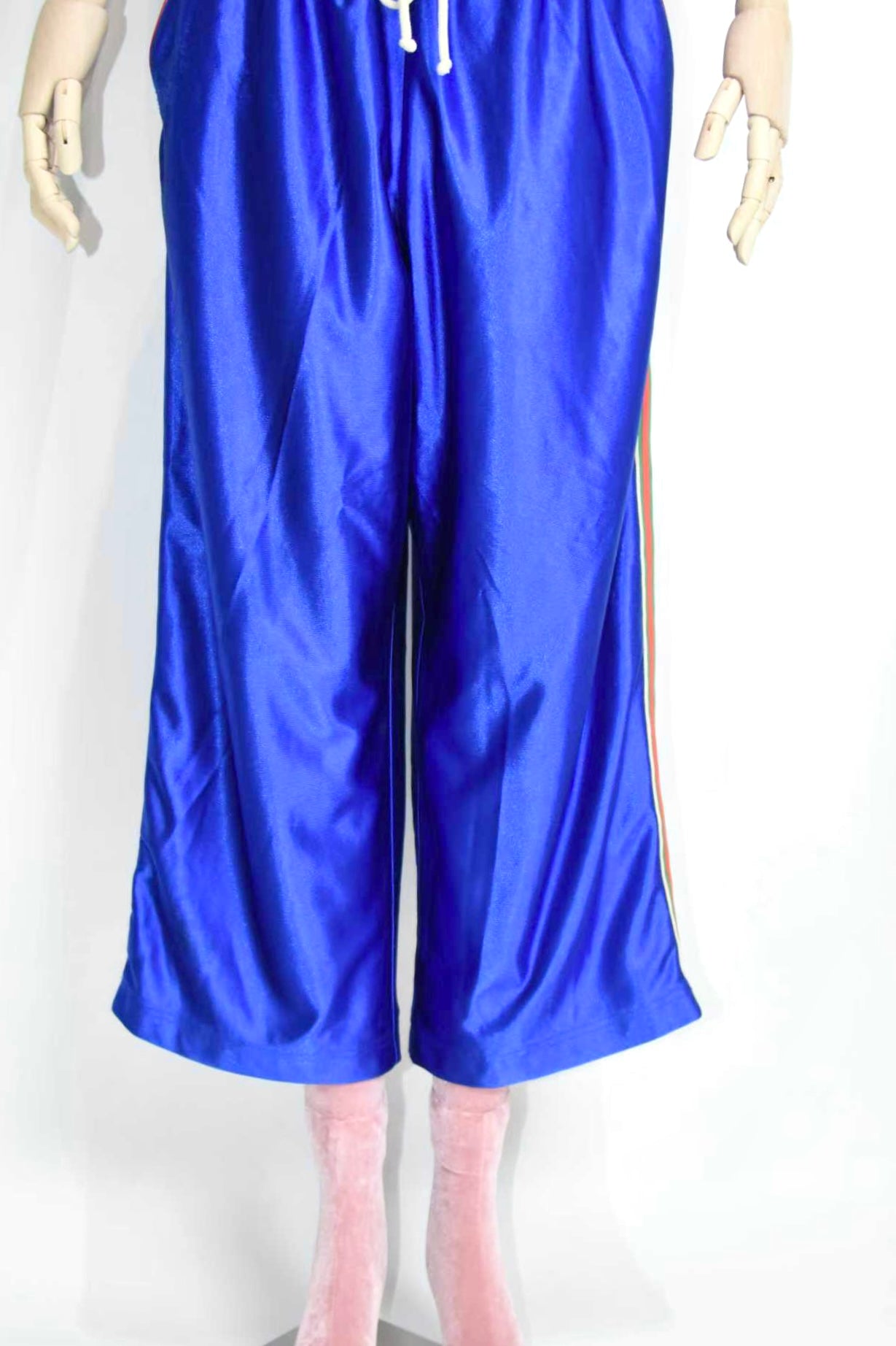 Gucci Blue Satin Track Pants with Web Stripe – Alessandro Michele Era Silk-Look Jogger Trousers