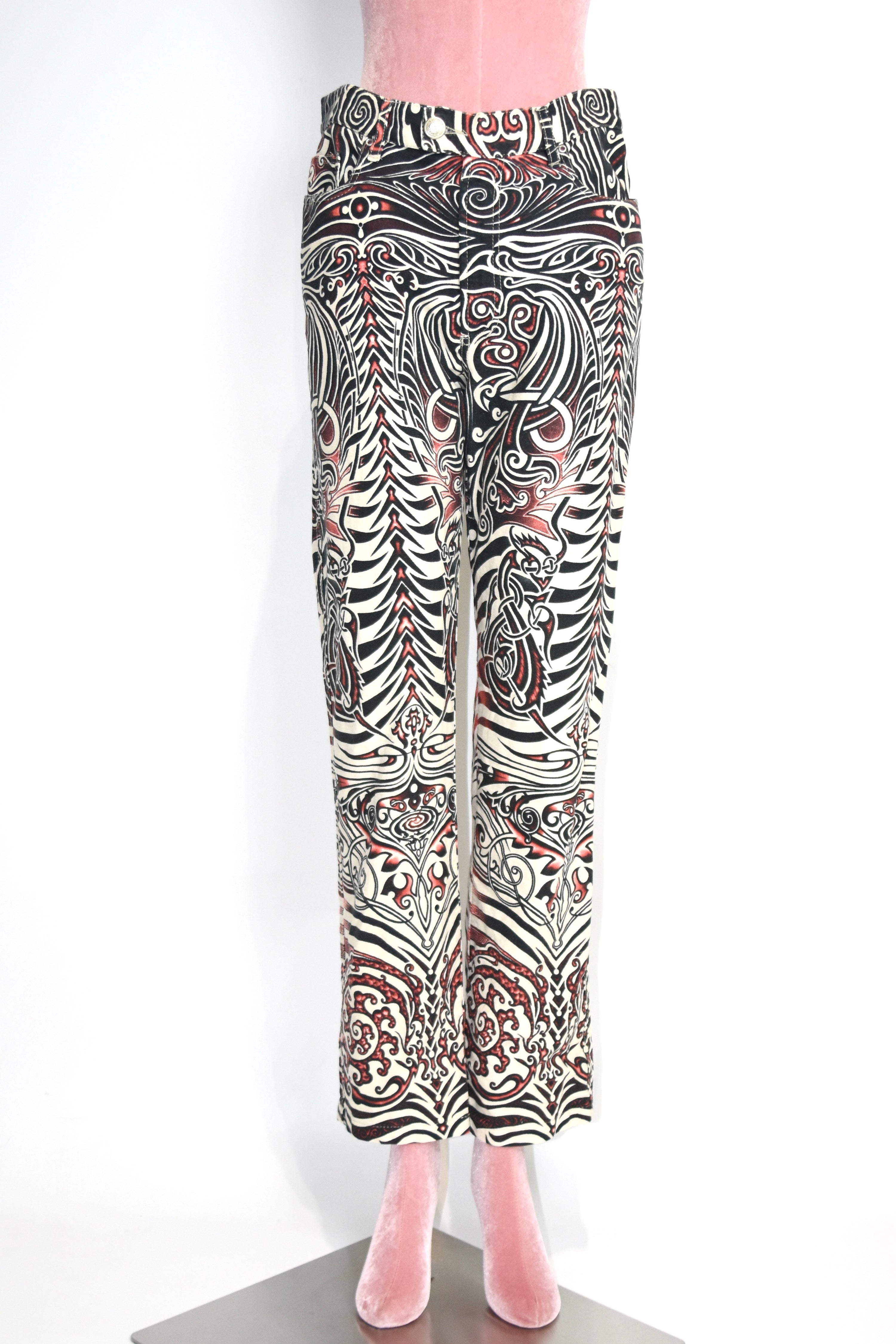 Jean Paul Gaultier Jeans Tribal Print Flared Trousers (Gothic Tattoo Swirl in Black–Red–Ivory)