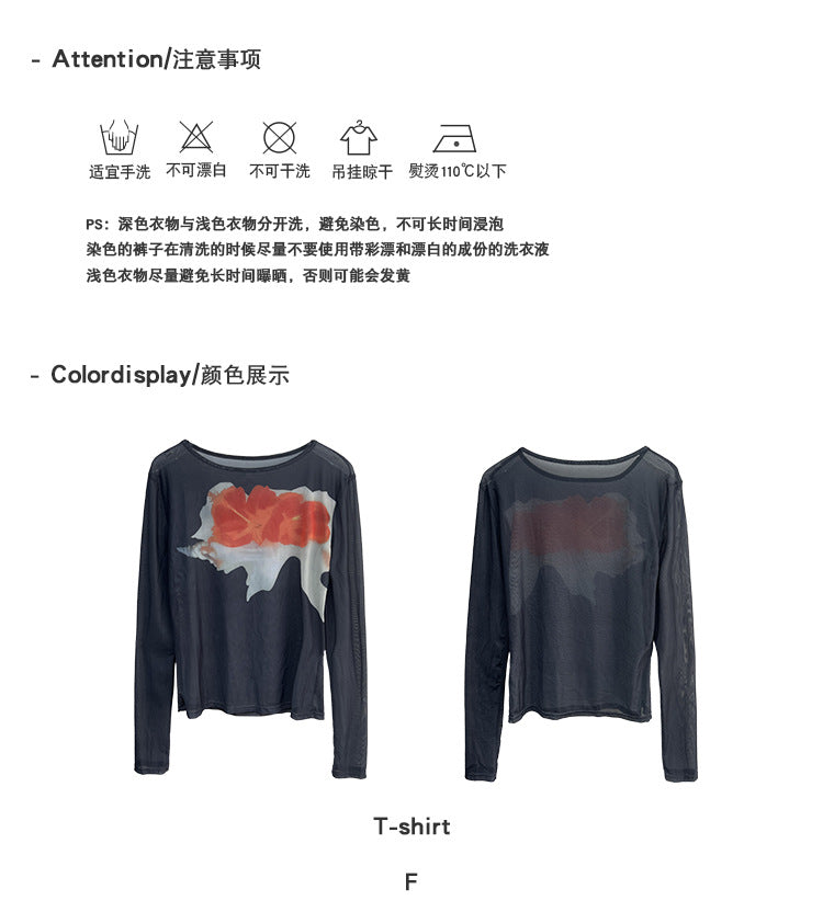 Gradient Long Sleeve t Women's T-shirt Semi-Sheer Mesh Blouse