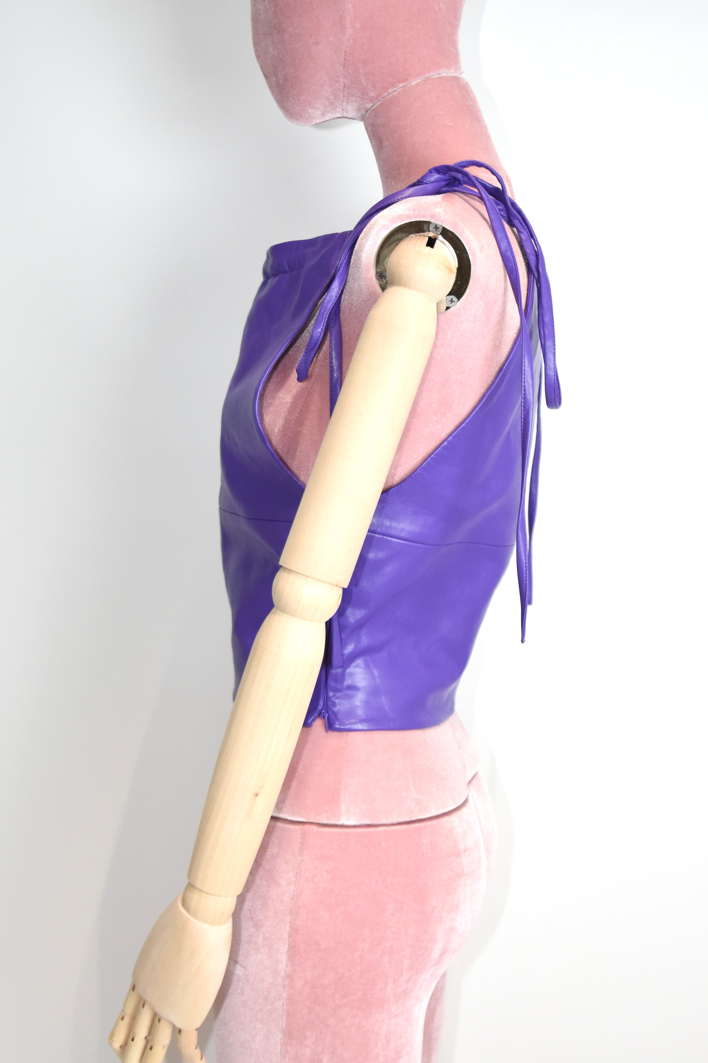 George Keburia Purple Faux Leather Lace-Tie Top