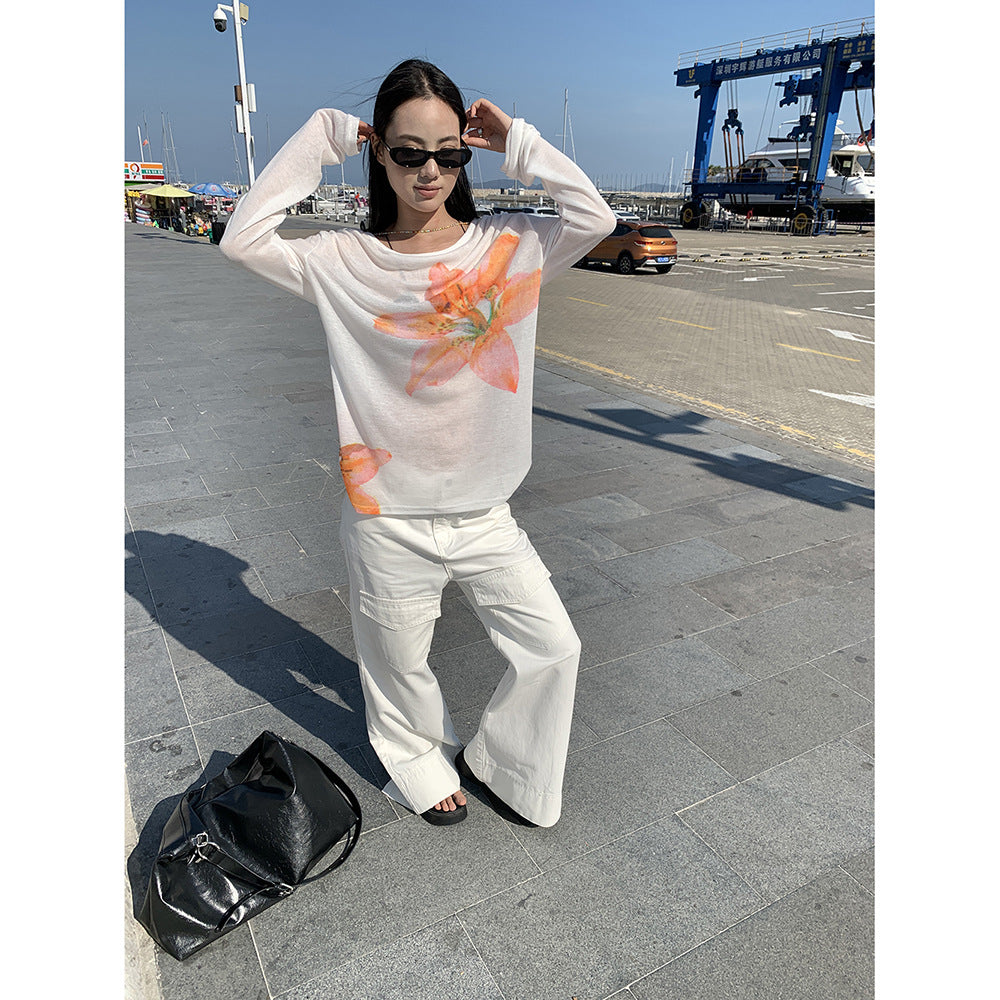 Sweet and Versatile Floral Women's T-shirt Spring Long Sleeve Loose Top