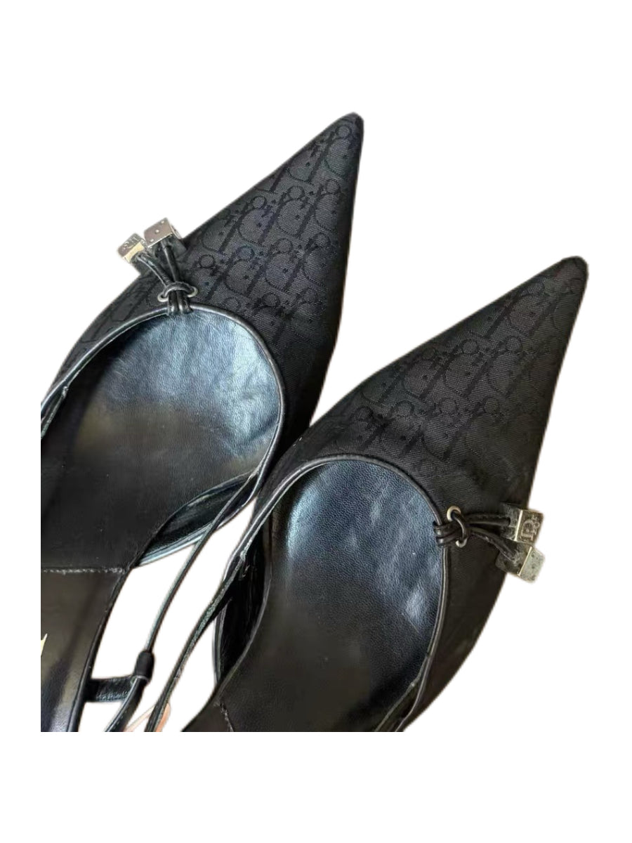 CHRISTIAN DIOR BY JOHN GALLIANO Rare Black Oblique Dice Monogram Pointed-Toe Slingback Heels